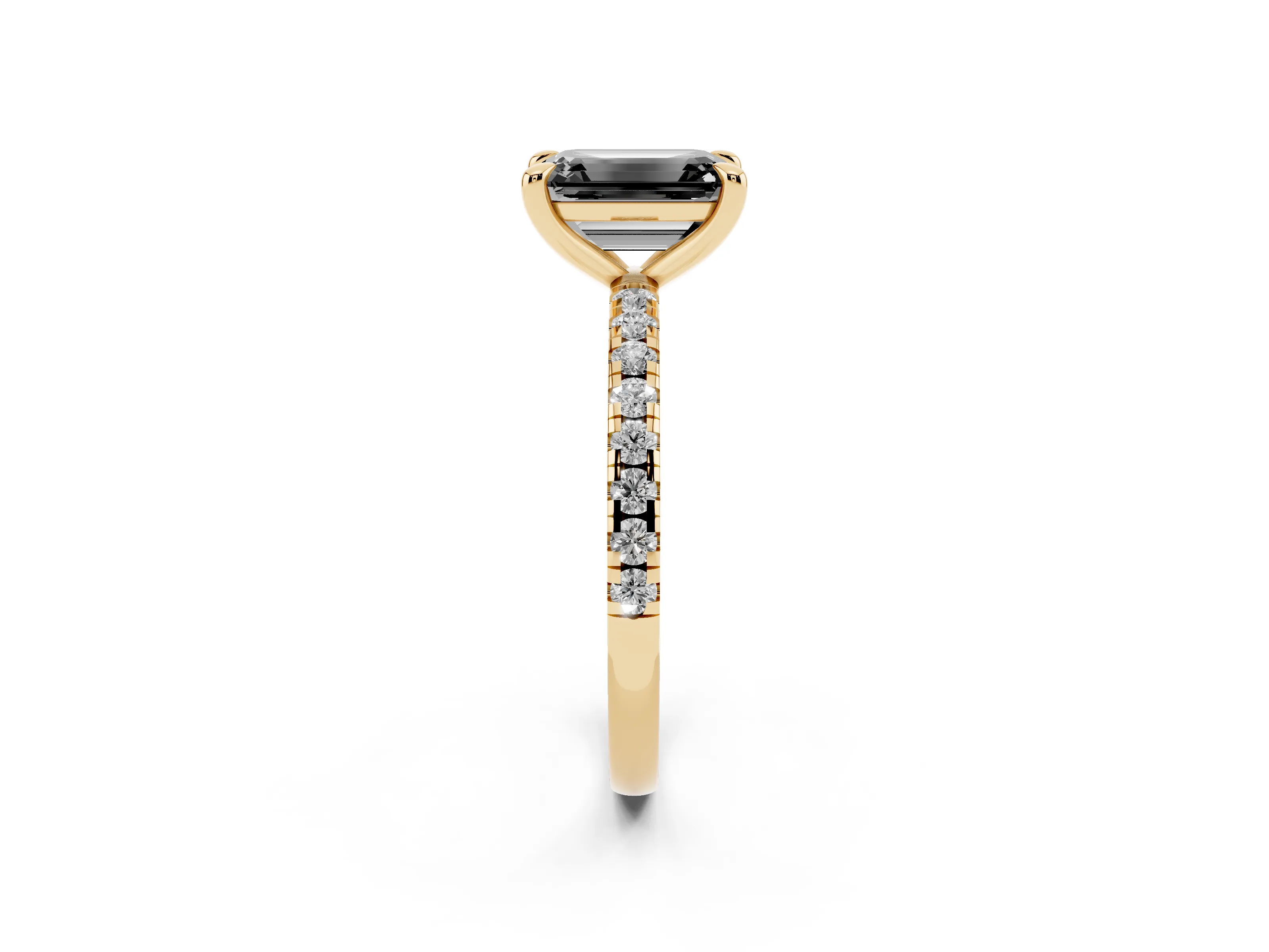 Fancy Black Emerald Cut Diamond Brilliant Solitaire Ring Set in Yellow gold with Pavé Band and Prong Setting