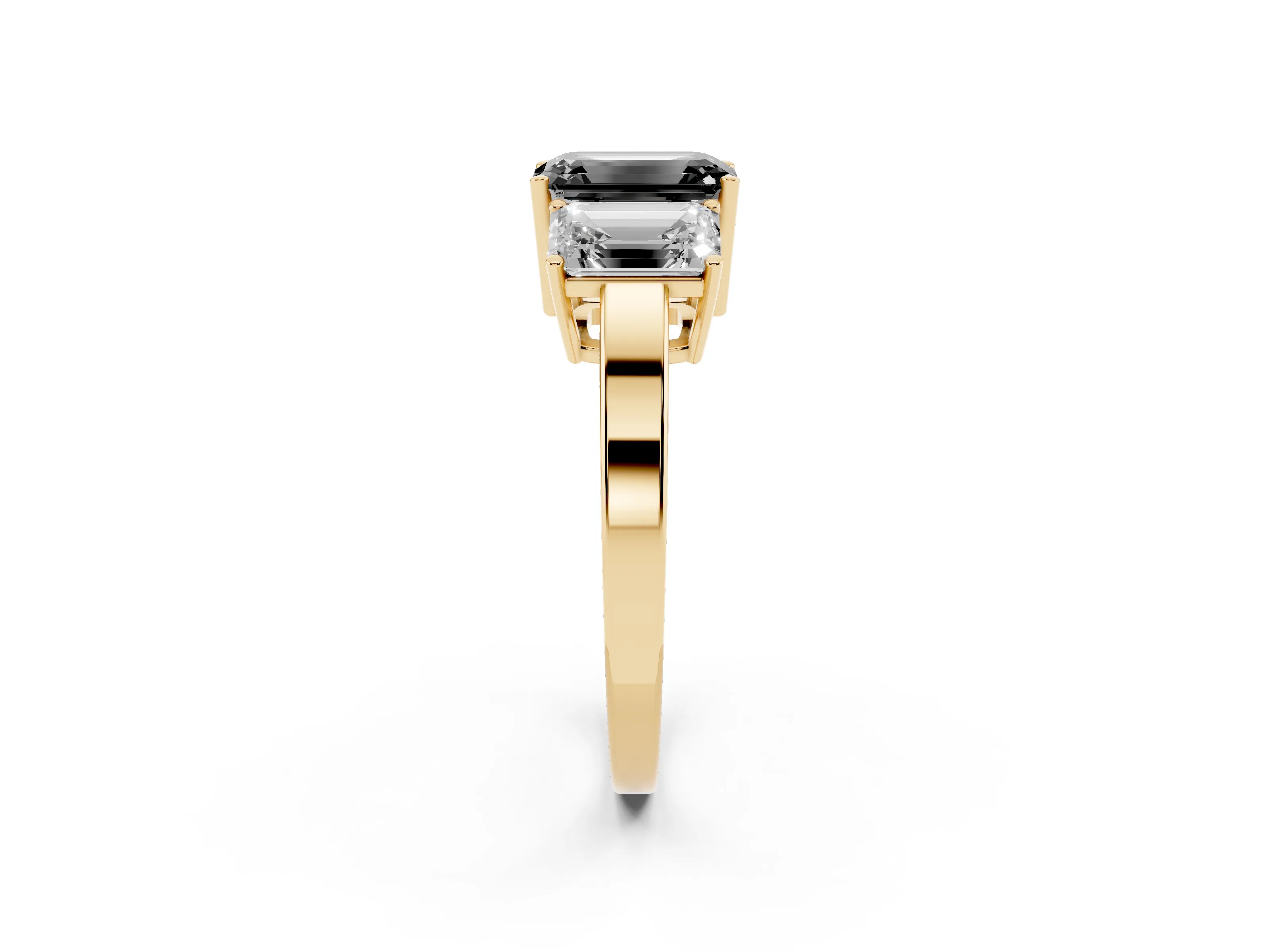 Fancy Black Emerald Cut Diamond Three-Stone Engagement Ring Set in Yellow gold with Flat Band
