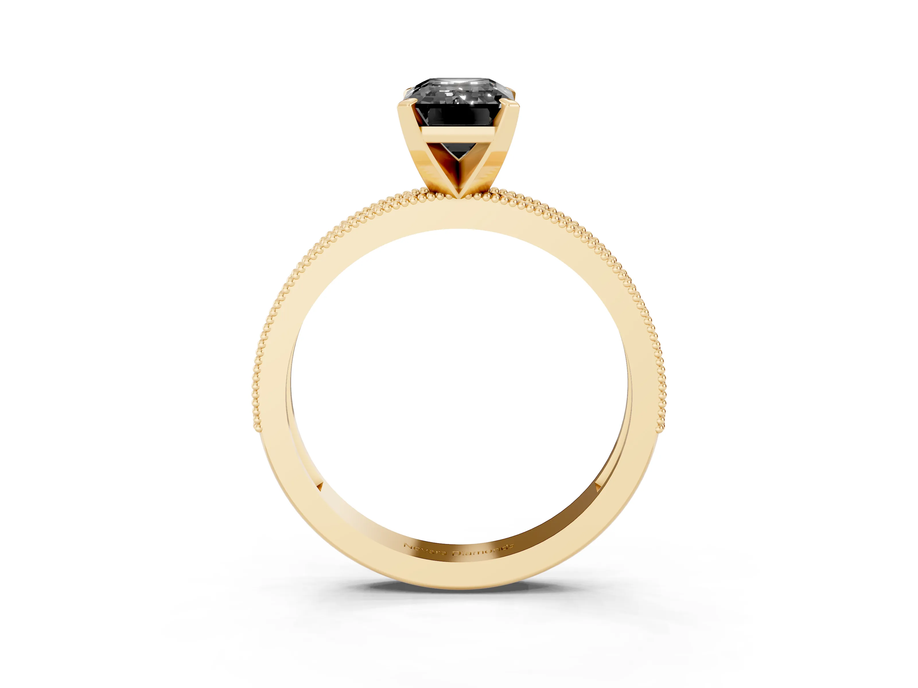 Fancy Black Emerald Cut Diamond Milgrain Pavé Engagement Ring Set in Yellow gold with Prong Setting