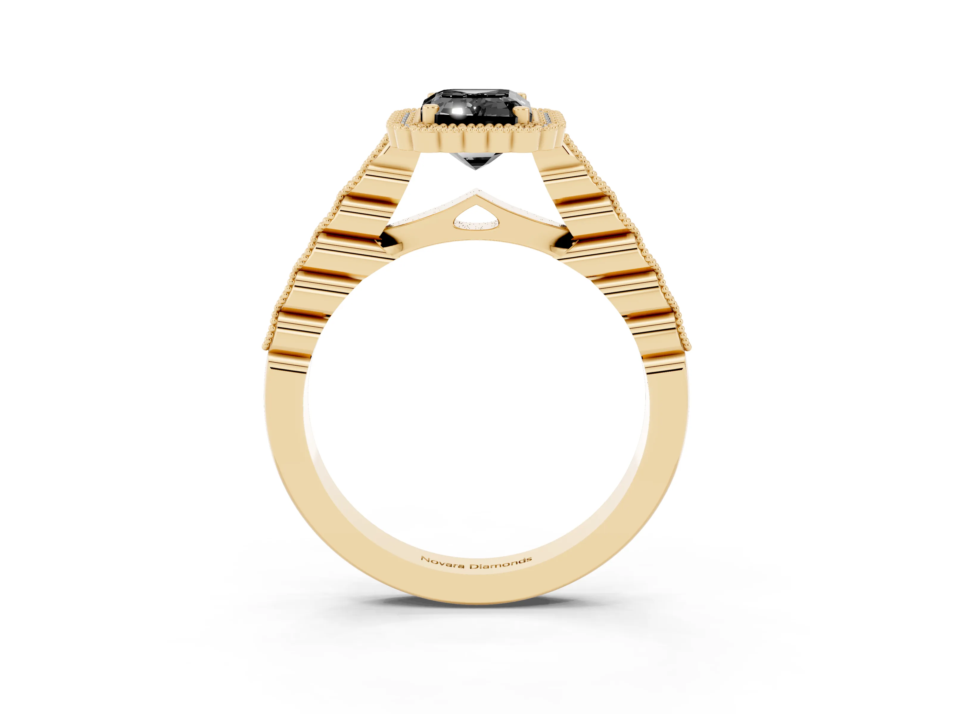 Fancy Black Emerald Cut Diamond Halo Ring Set in Yellow gold with Pavé Milgrain Band