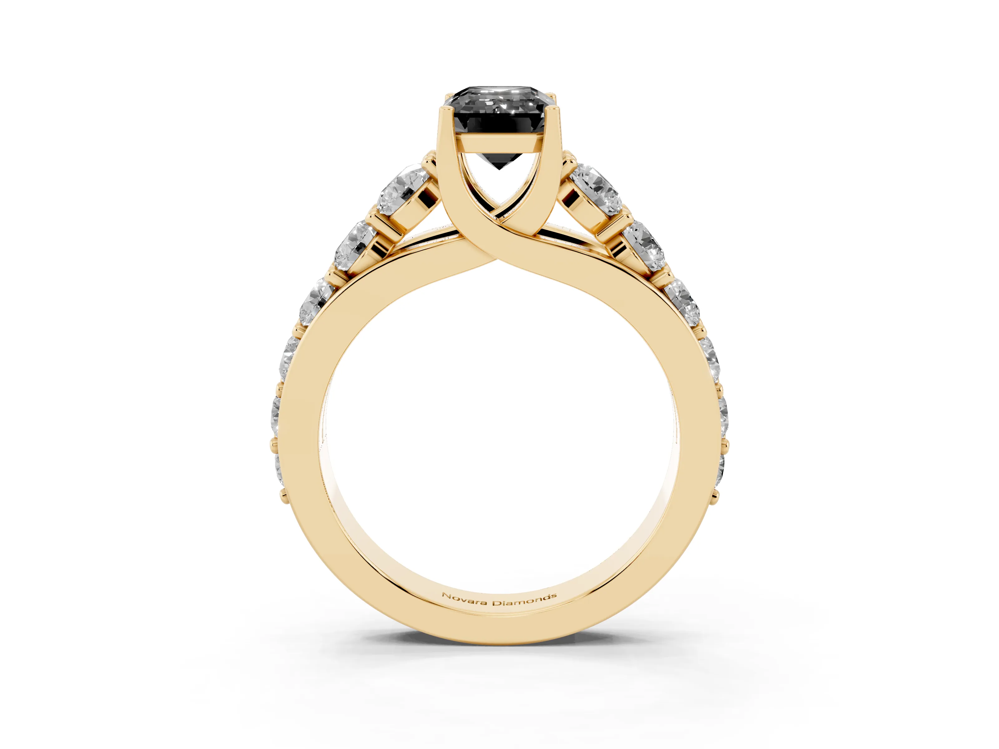 Fancy Black Emerald Cut Diamond Pavé Engagement Ring Set in Yellow gold with Prong Setting