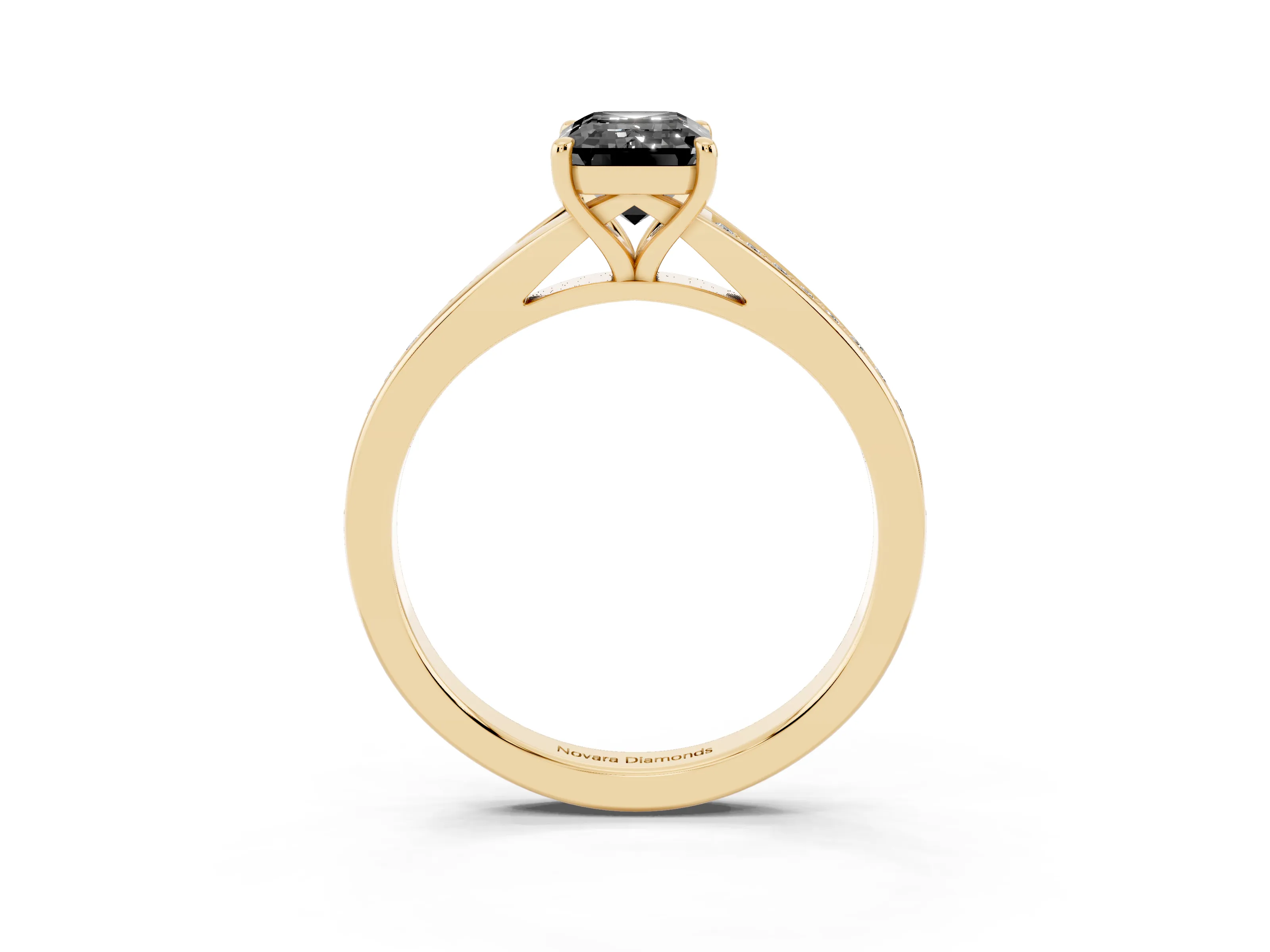 Fancy Black Emerald Cut Diamond Solitaire Ring Set in Yellow gold with Pavé Accent Band and Classic Prong Setting