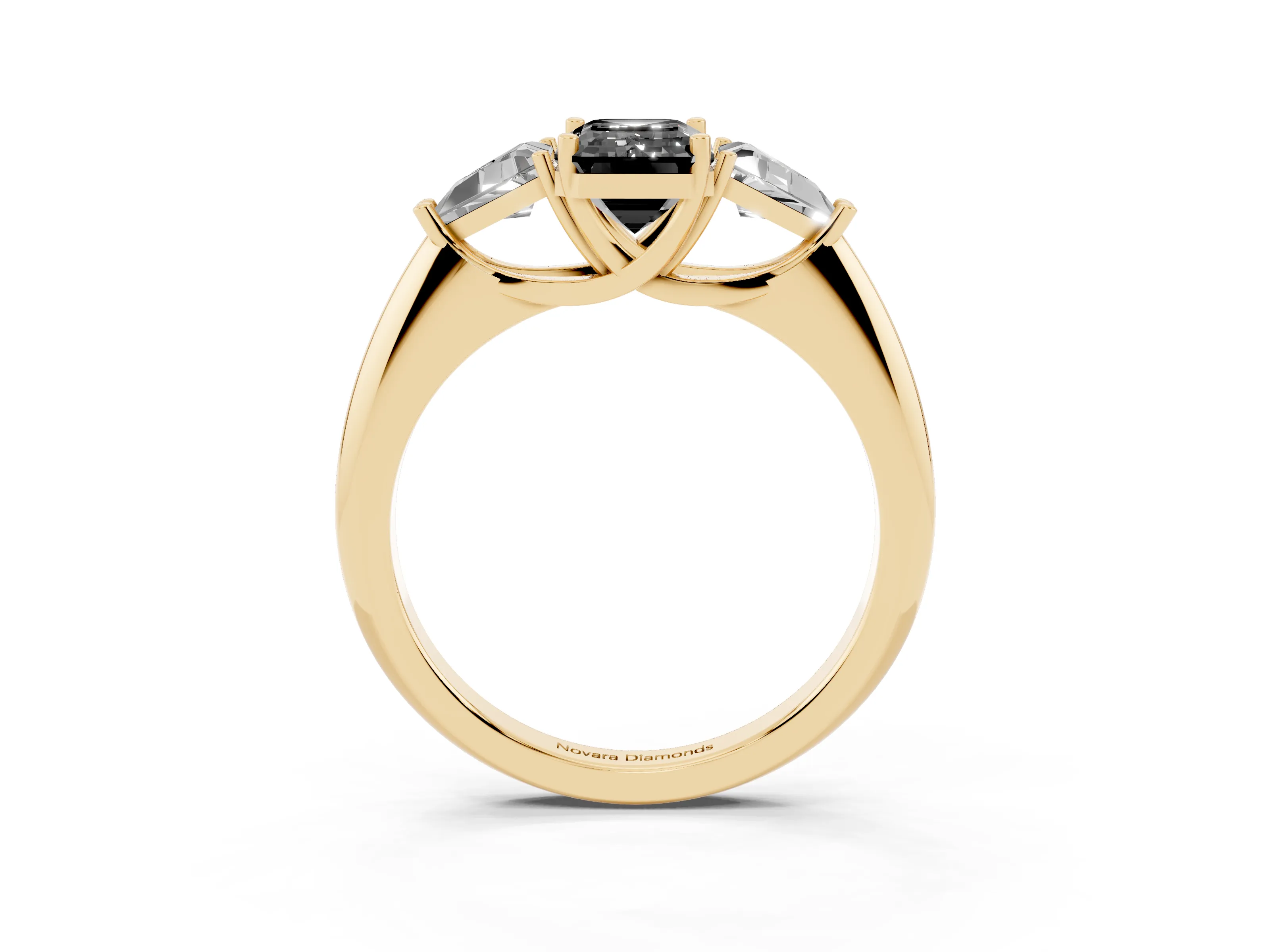 Fancy Black Emerald Cut Diamond Three-Stone Engagement Ring Set in Yellow gold with Trillion Side Stones