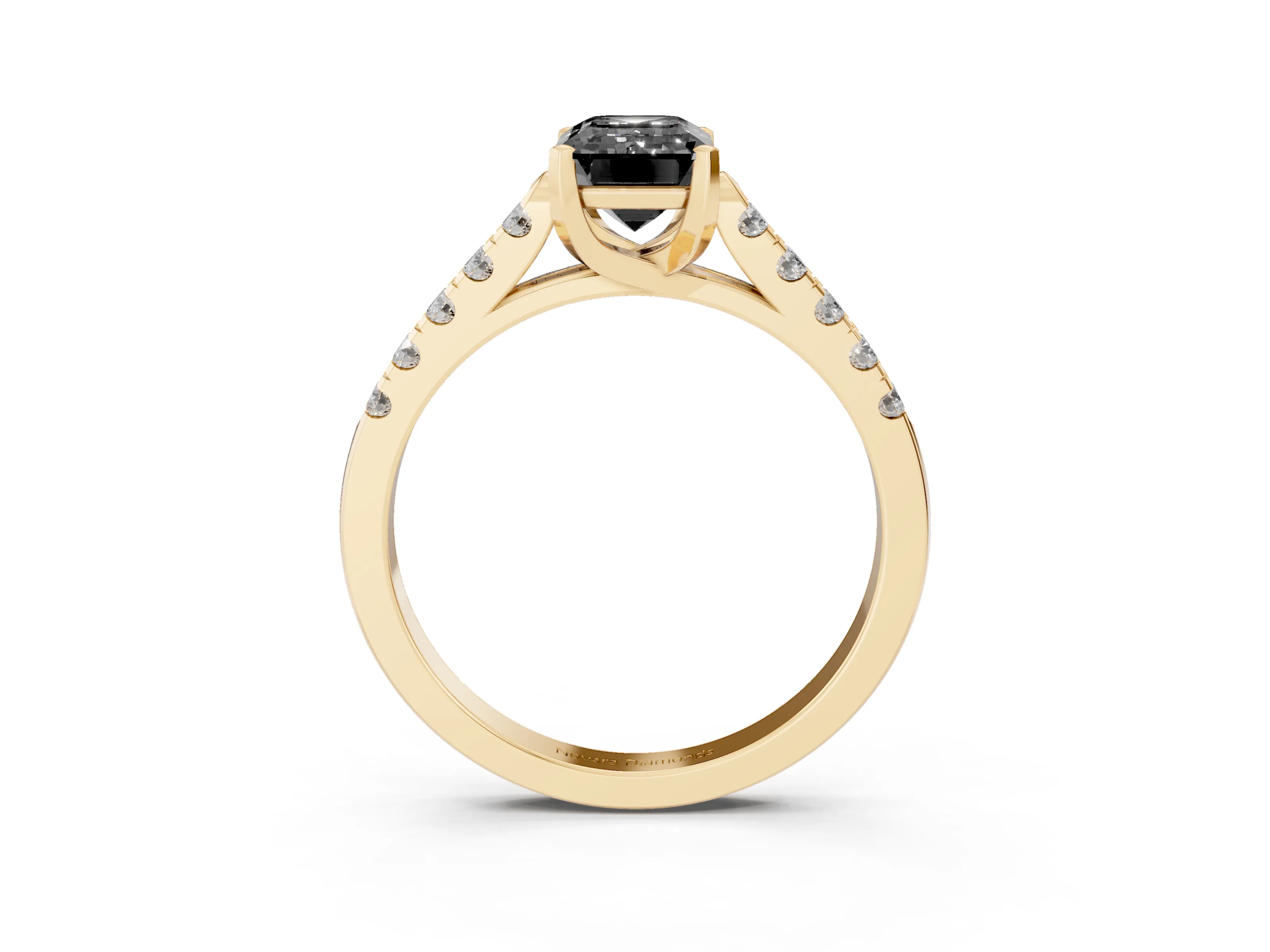 Fancy Black Emerald Cut Diamond Pavé Band Solitaire Ring Set in Yellow gold with Partway Accent Stones and Prong Setting