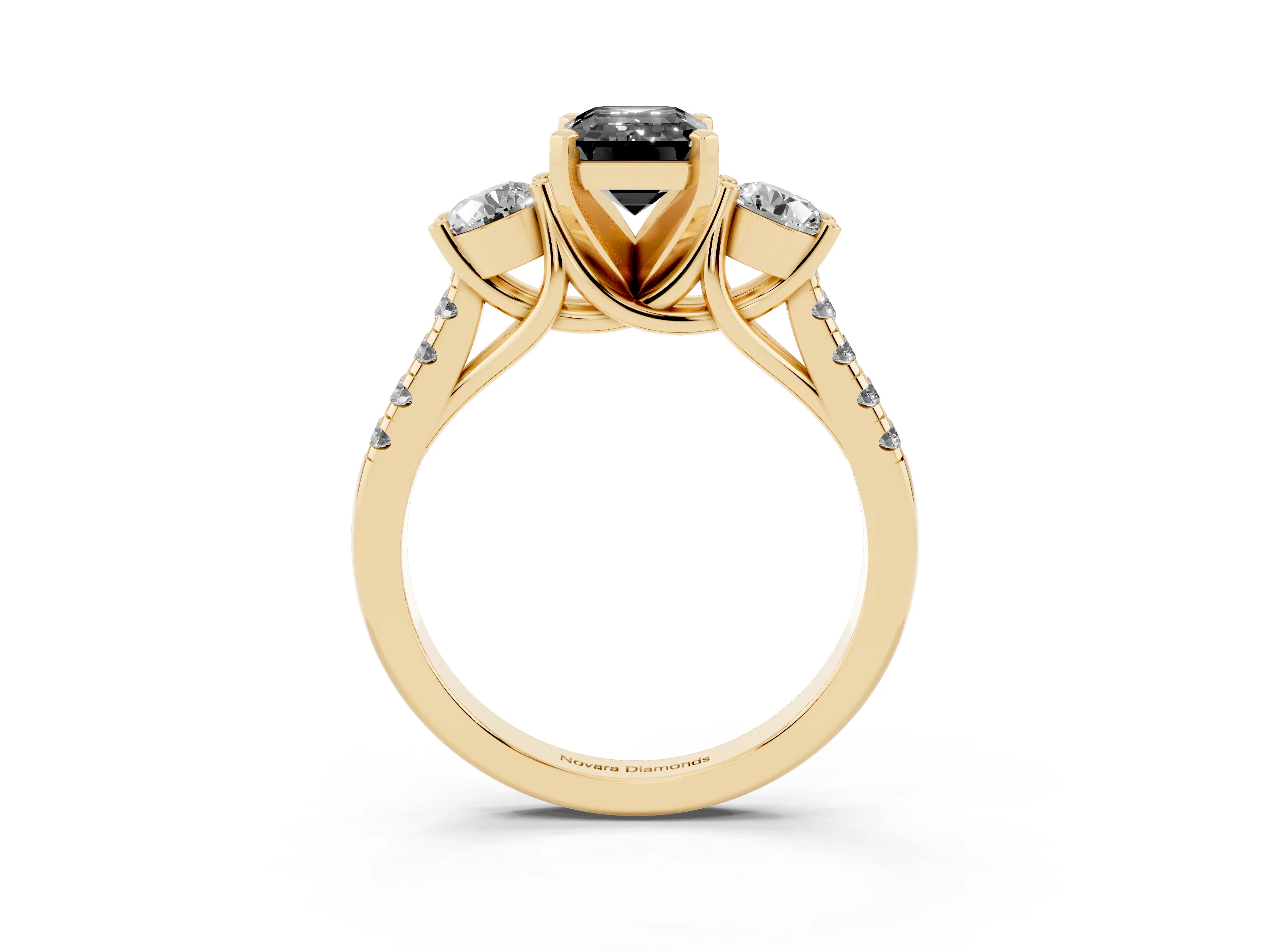 Fancy Black Three-Stone Emerald Cut Diamond Pavé Band Ring Set in Yellow gold with Prong-Set Trio