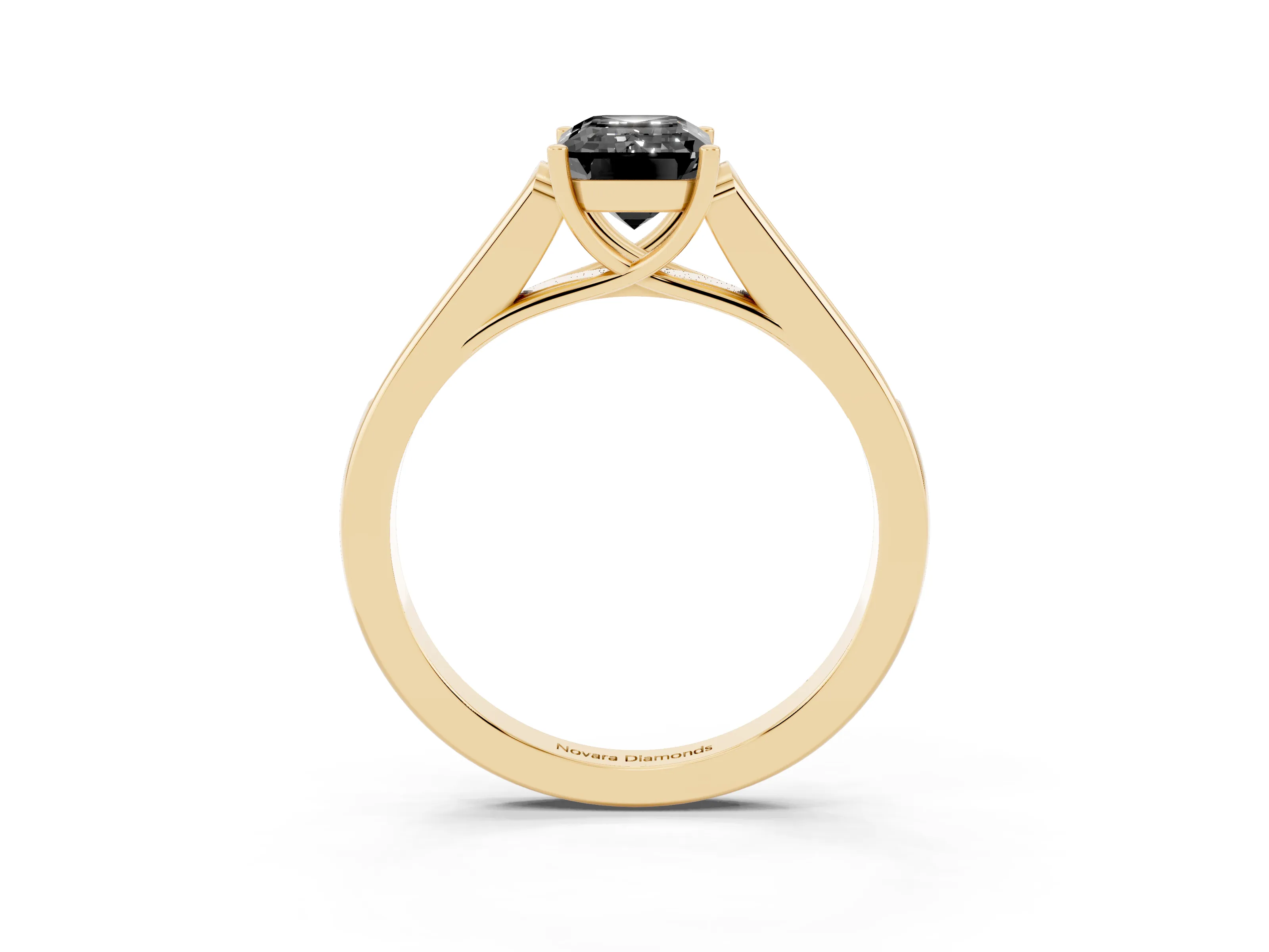 Fancy Black Emerald Cut Diamond Solitaire Cathedral Engagement Ring Set in Yellow gold with Channel-Set Band and Prong Setting