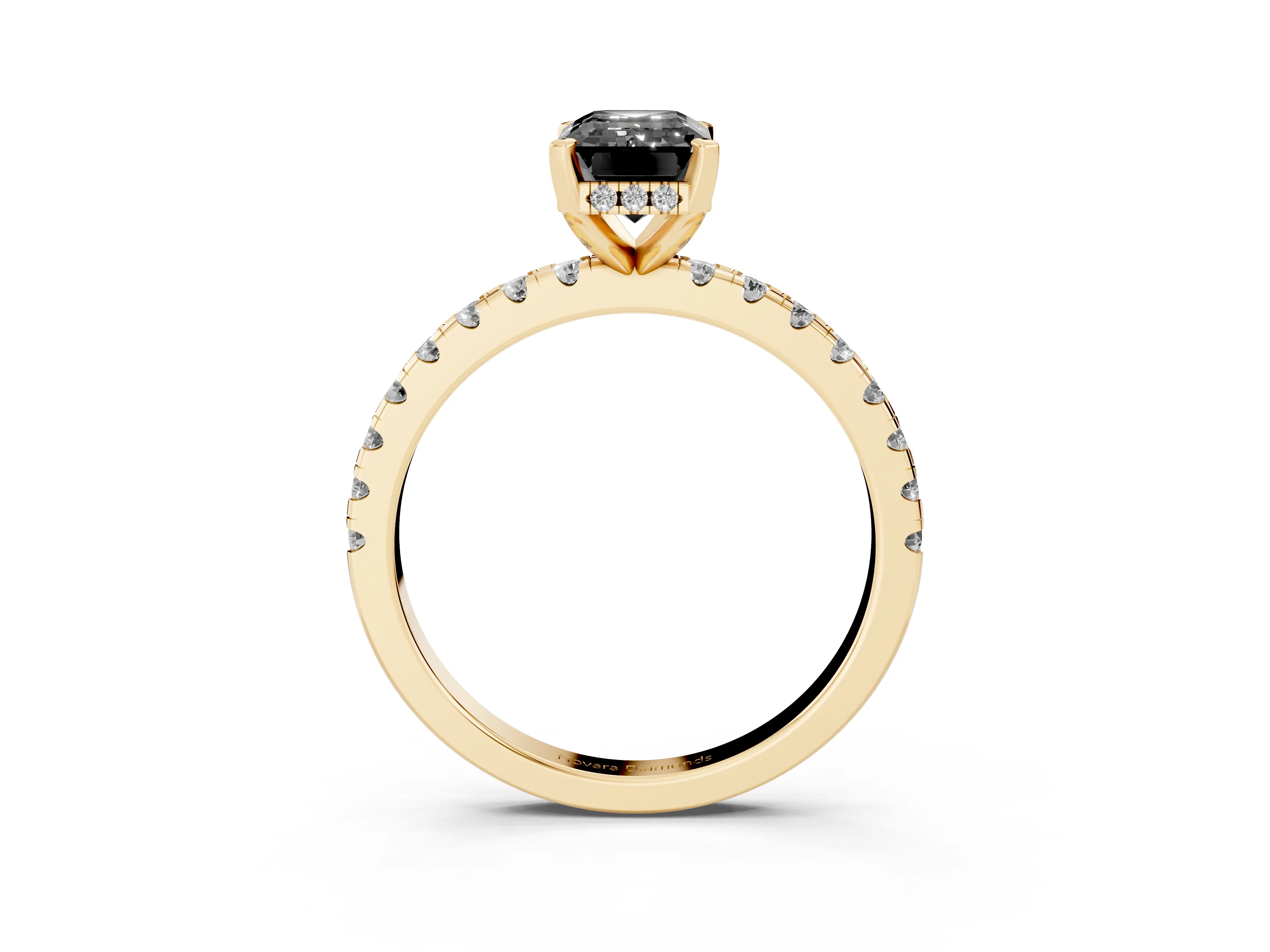 Fancy Black Emerald Cut Diamond Pavé Solitaire Ring Set in Yellow gold with Round Band Accents and Prong Setting