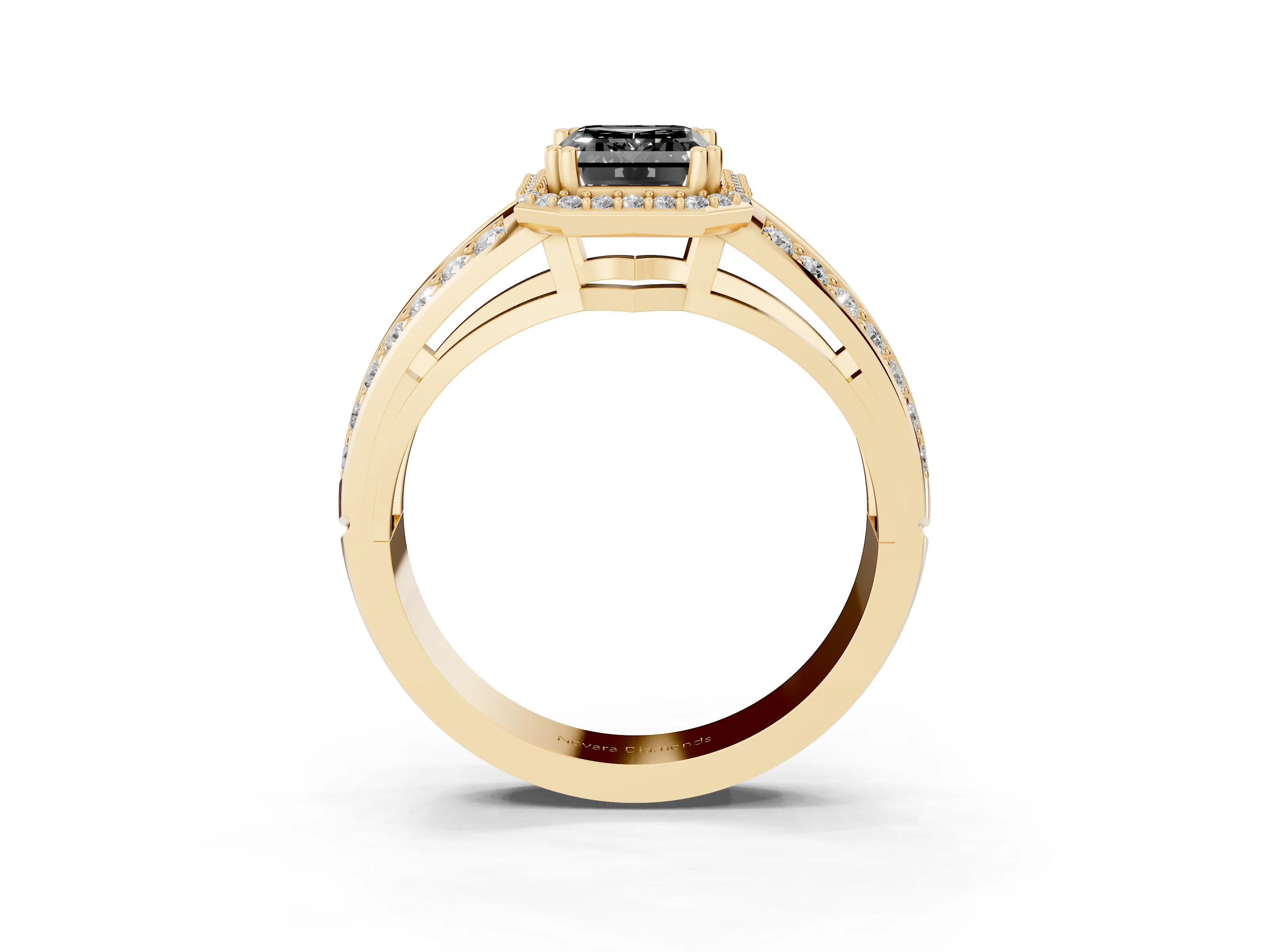 Fancy Black Emerald Cut Diamond Halo Ring Set in Yellow gold with Double Pavé Split Shank