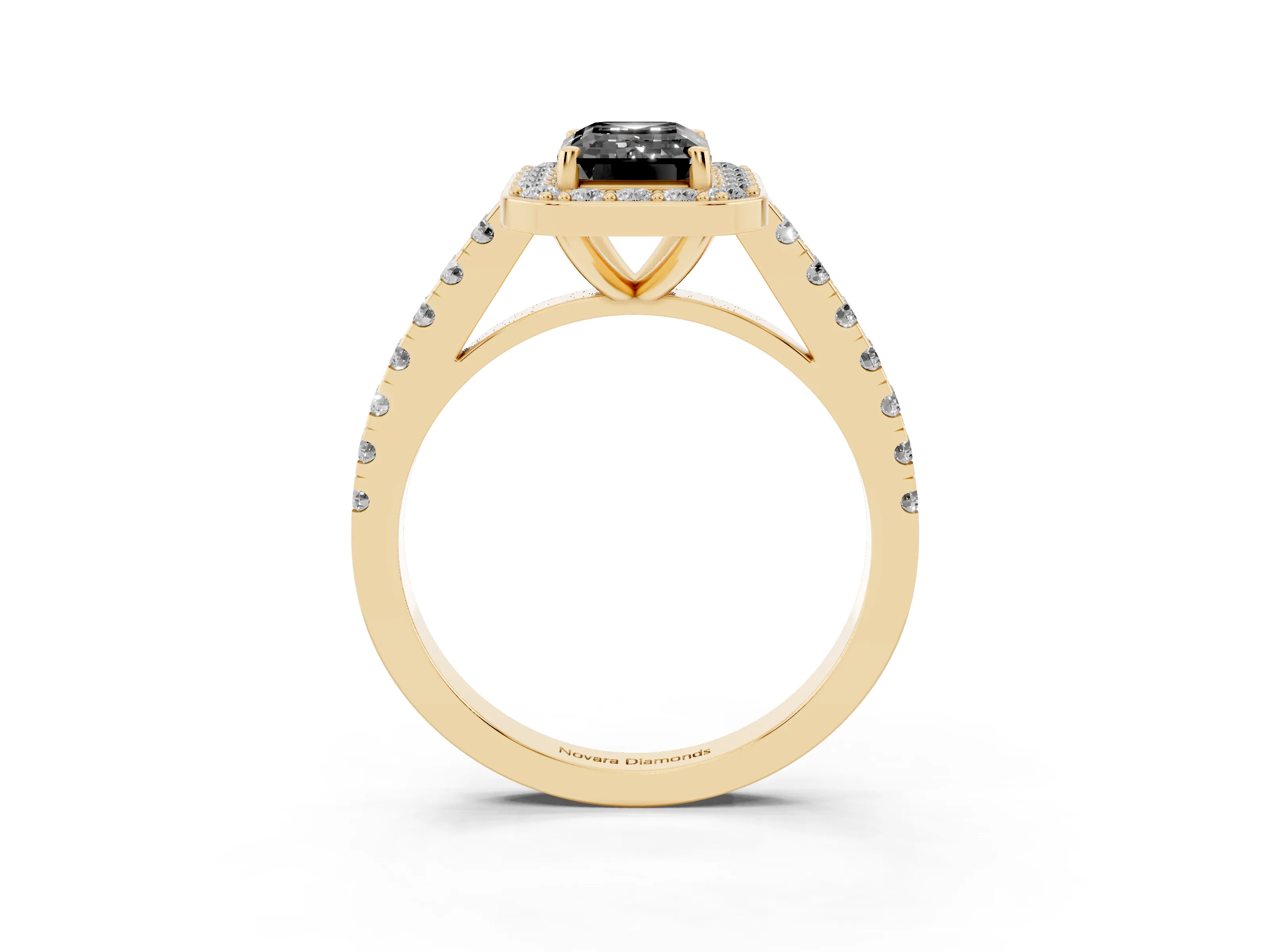 Fancy Black Emerald Cut Diamond Halo Ring Set in Yellow gold with Round Pavé Split Shank and Prong Setting