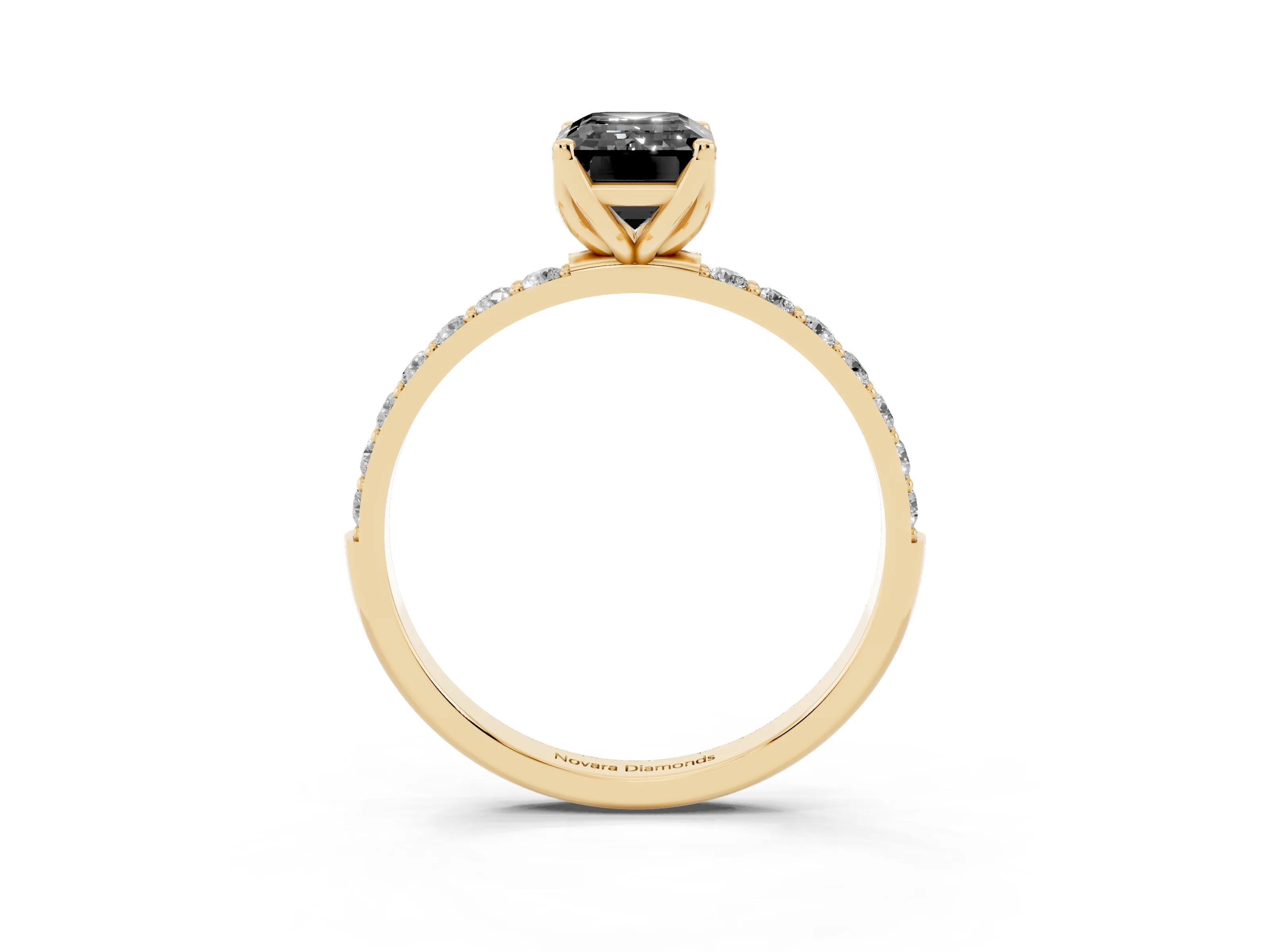 Fancy Black Emerald Cut Diamond Solitaire Engagement Ring Set in Yellow gold with Round Pavé Band and Prong Setting