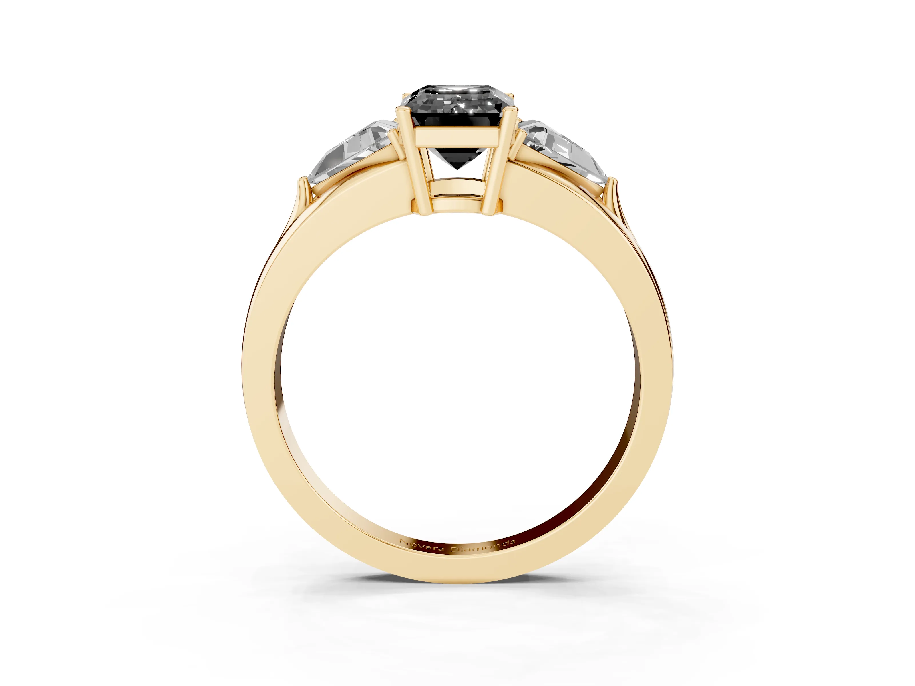 Fancy Black Emerald Cut Diamond Three-Stone Ring Set in Yellow gold with Trillion Side Stones and Split Shank