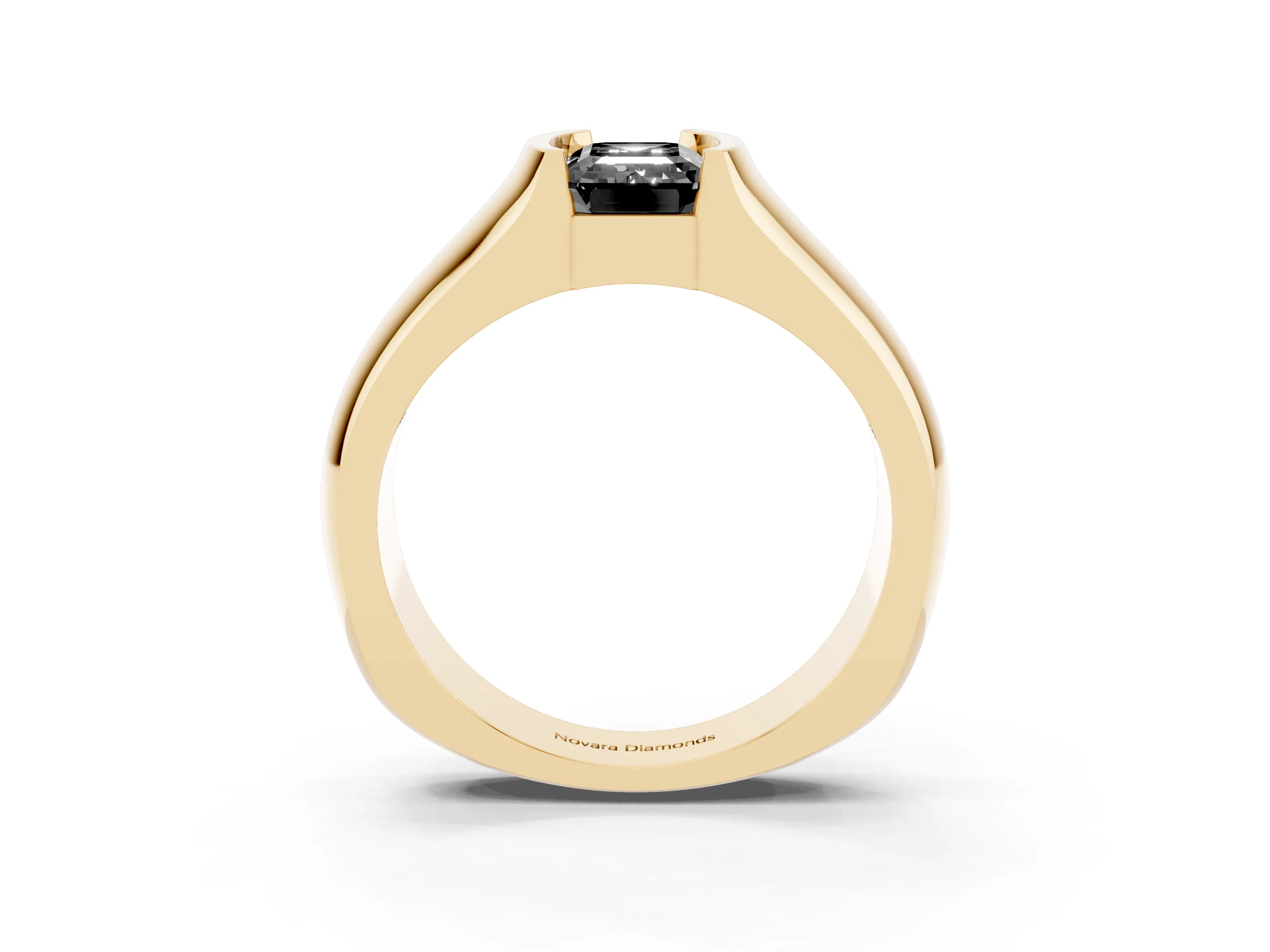 Fancy Black Emerald Cut Diamond Bezel Solitaire Ring Set in Yellow gold with Wide Band