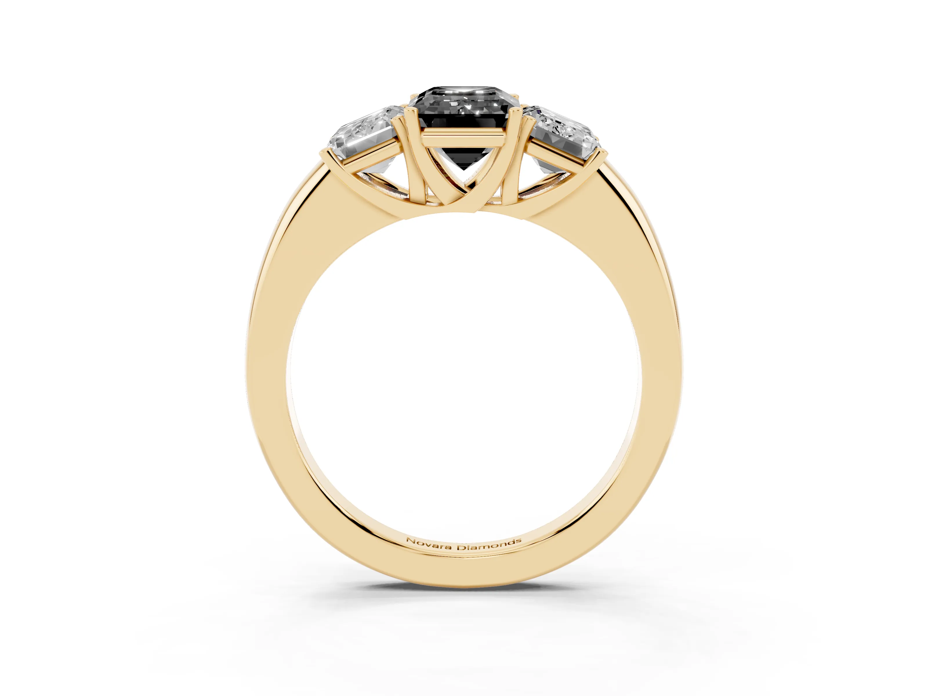 Fancy Black Emerald Cut Diamond Three-Stone Ring Set in Yellow gold with Bold Center and Classic Band