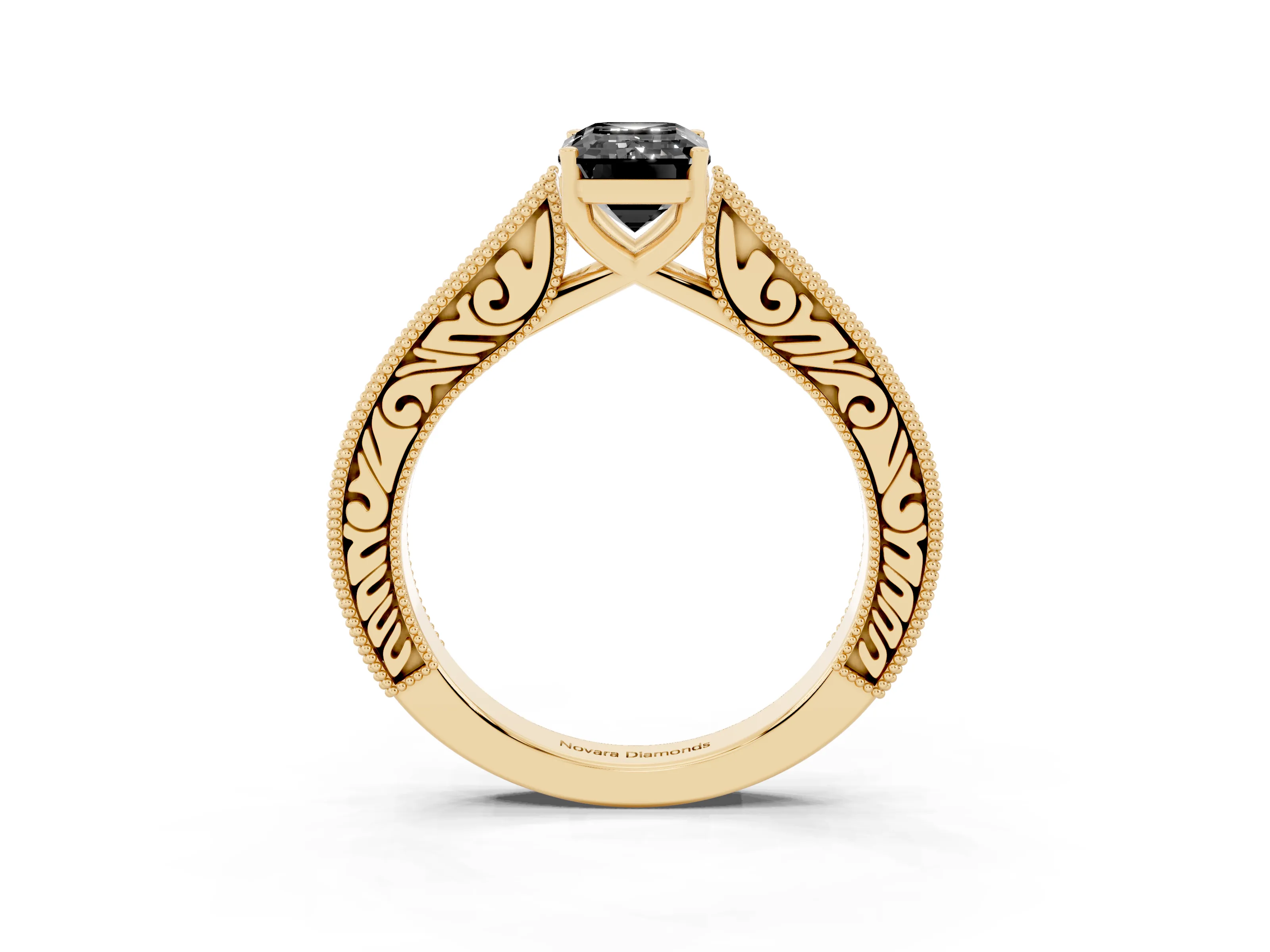 Fancy Black Emerald Cut Diamond Milgrain Pavé Band Solitaire Ring Set in Yellow gold with Prong Setting