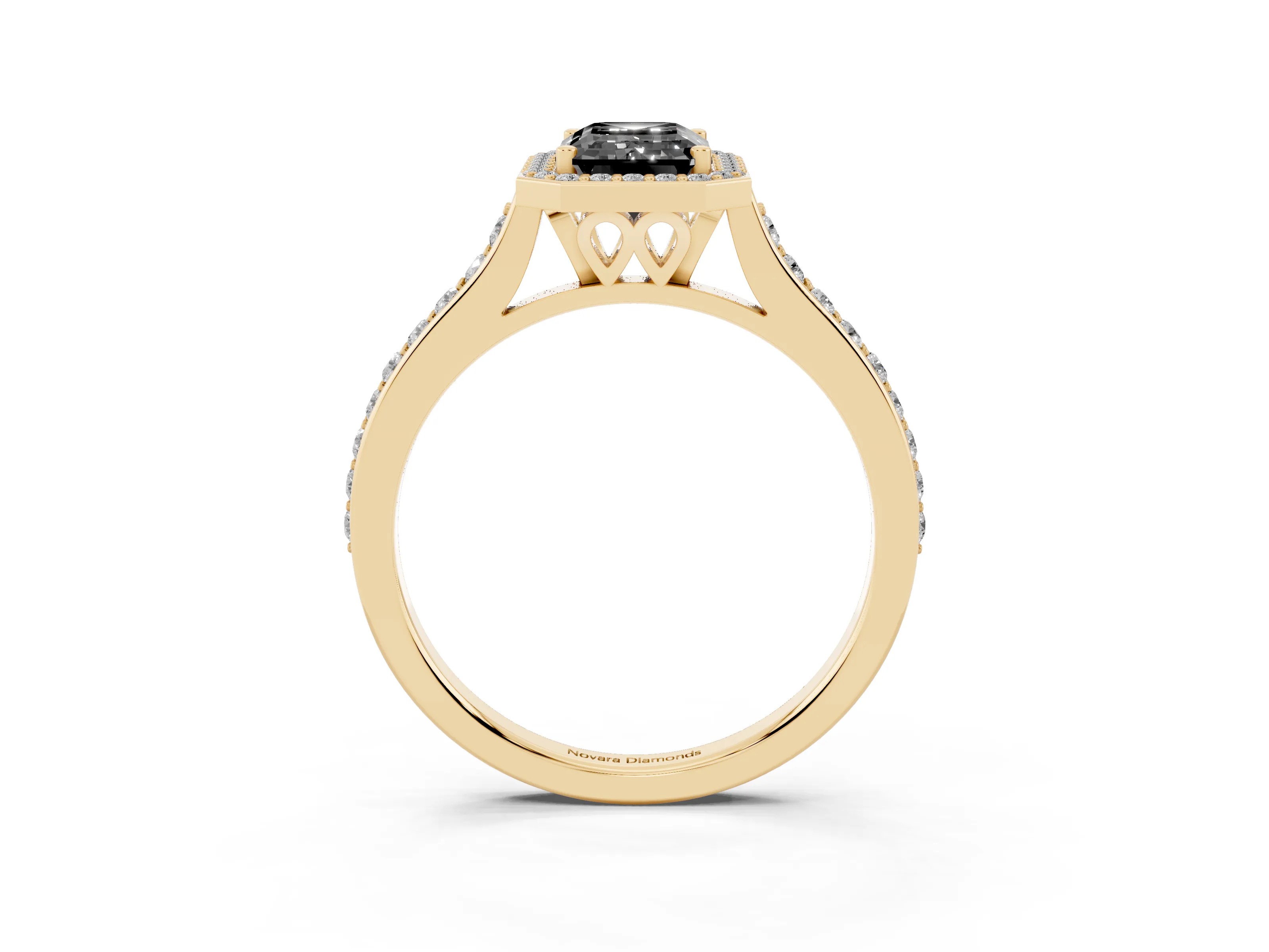 Fancy Black Emerald Cut Diamond Halo Engagement Ring Set in Yellow gold with Round Pavé Shoulders and Heart Gallery