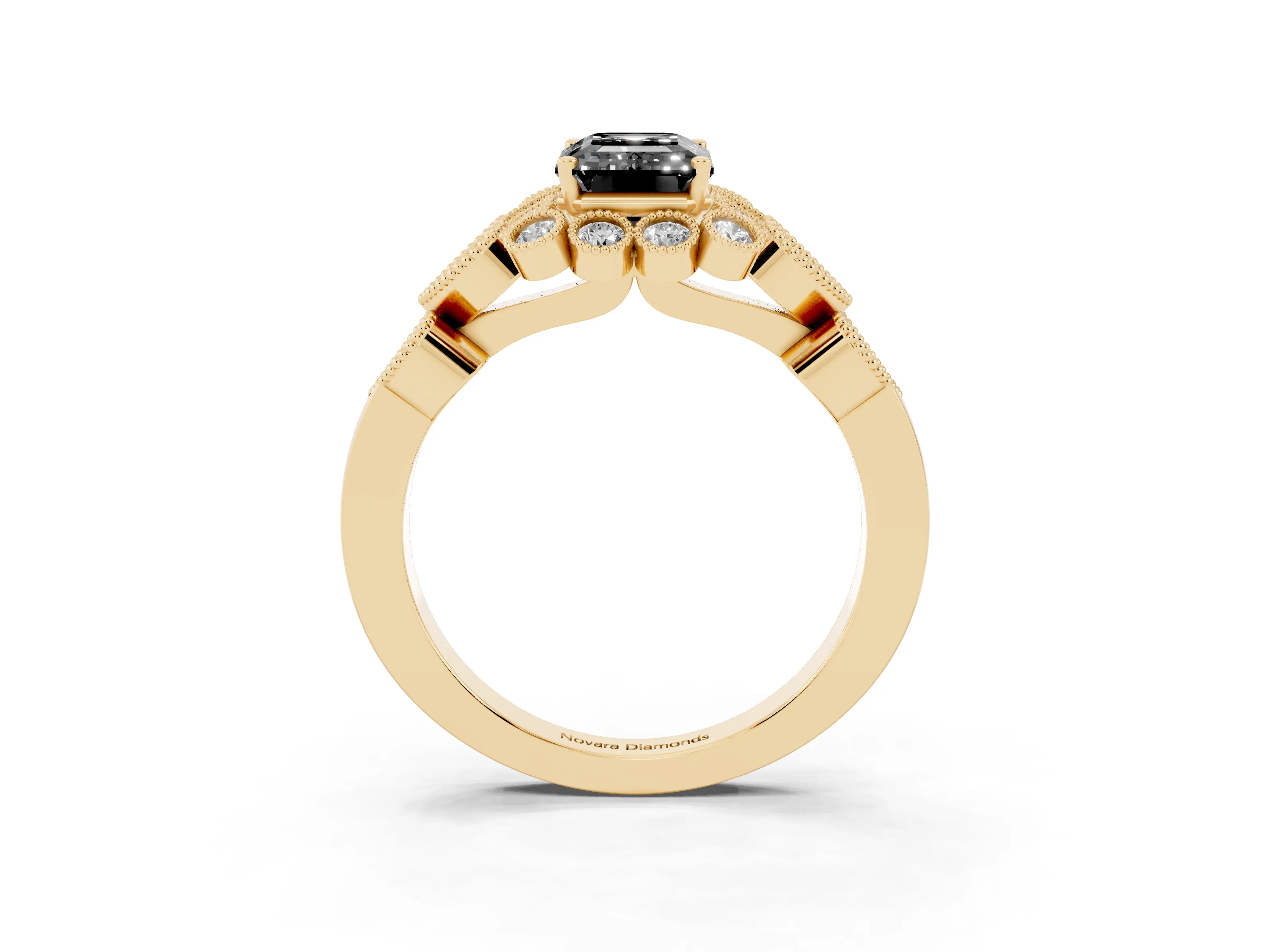 Fancy Black Emerald Cut Diamond Solitaire Ring Set in Yellow gold with Milgrain Pavé Heart Band