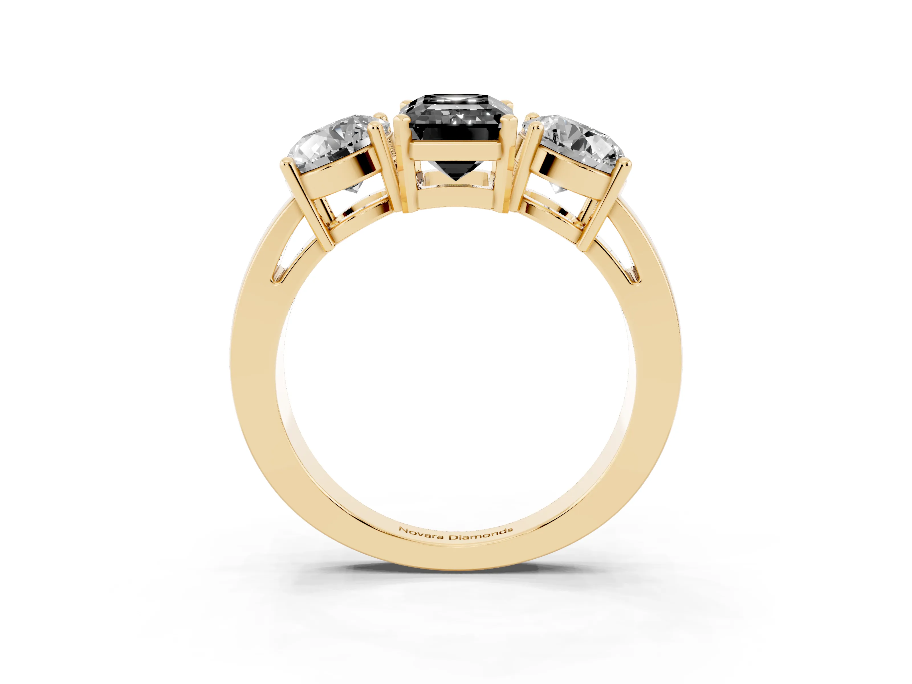 Fancy Black Emerald Cut Diamond Three-Stone Ring Set in Yellow gold with Round Side Stones and Classic Band