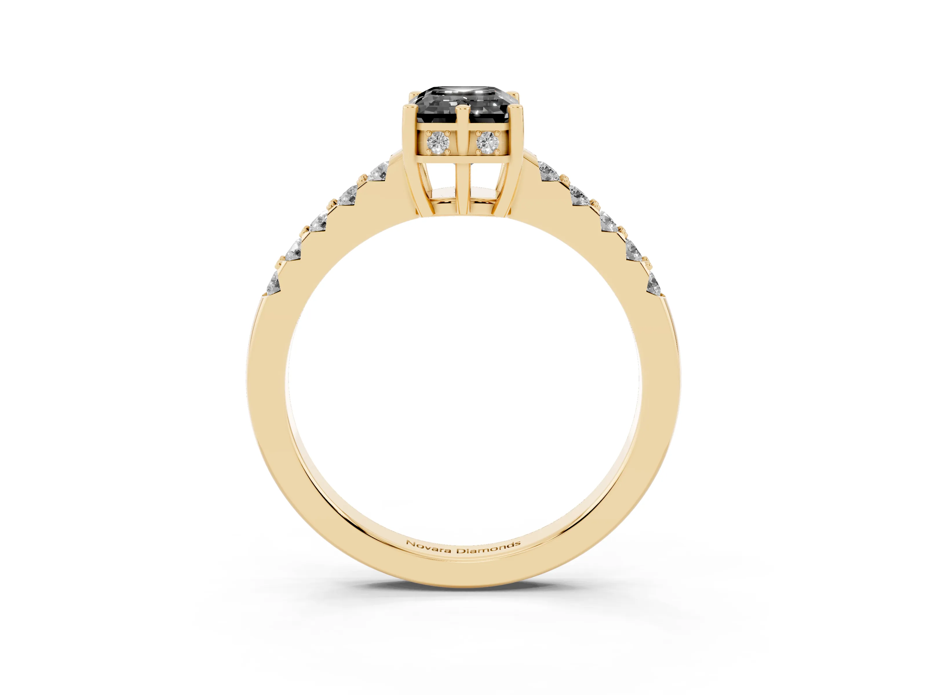 Fancy Black Emerald Cut Diamond Solitaire Engagement Ring Set in Yellow gold with Pavé Band and Prong Setting
