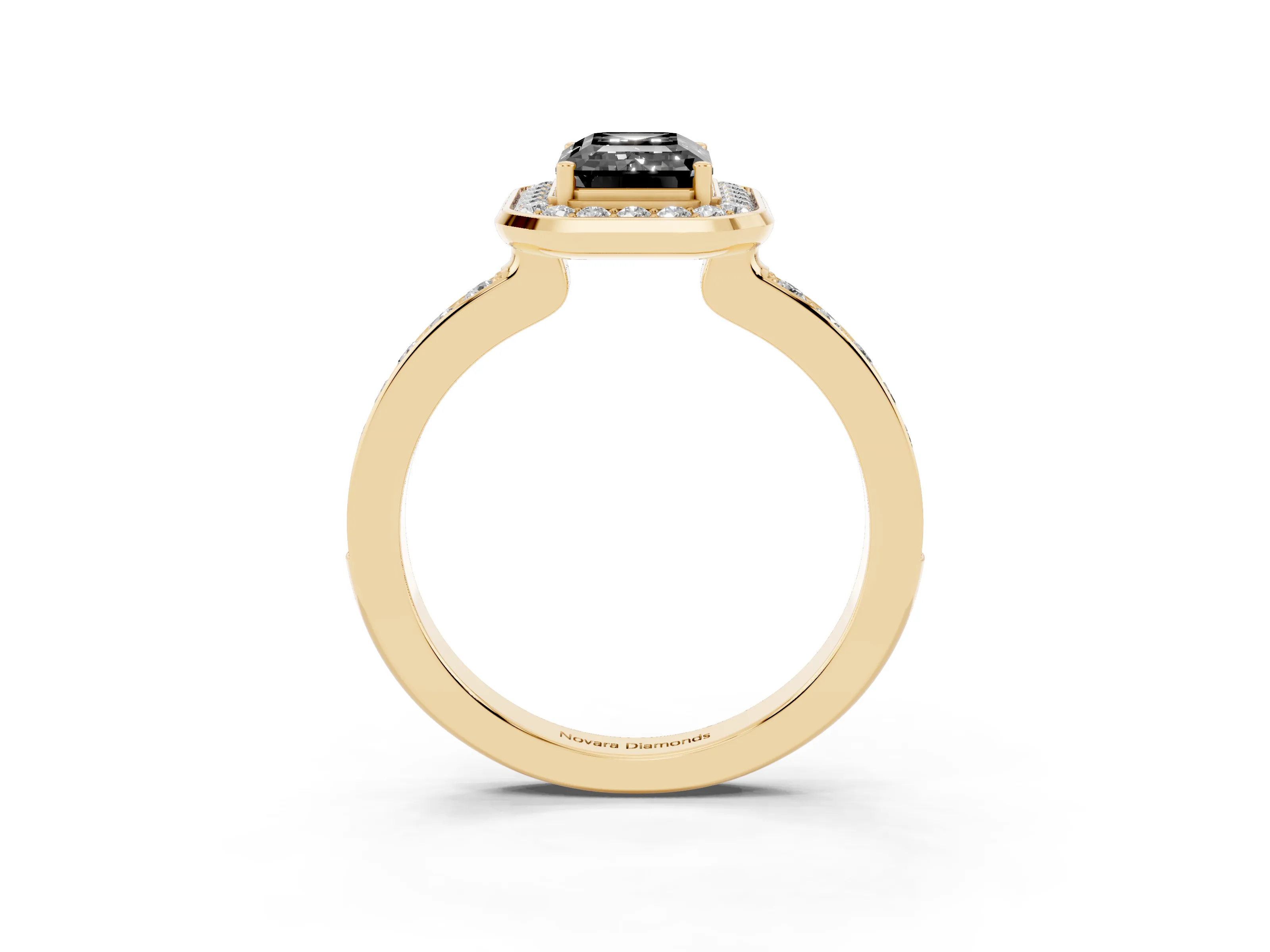 Fancy Black Emerald Cut Diamond Halo Ring Set in Yellow gold with Bezel Frame and Pavé Band