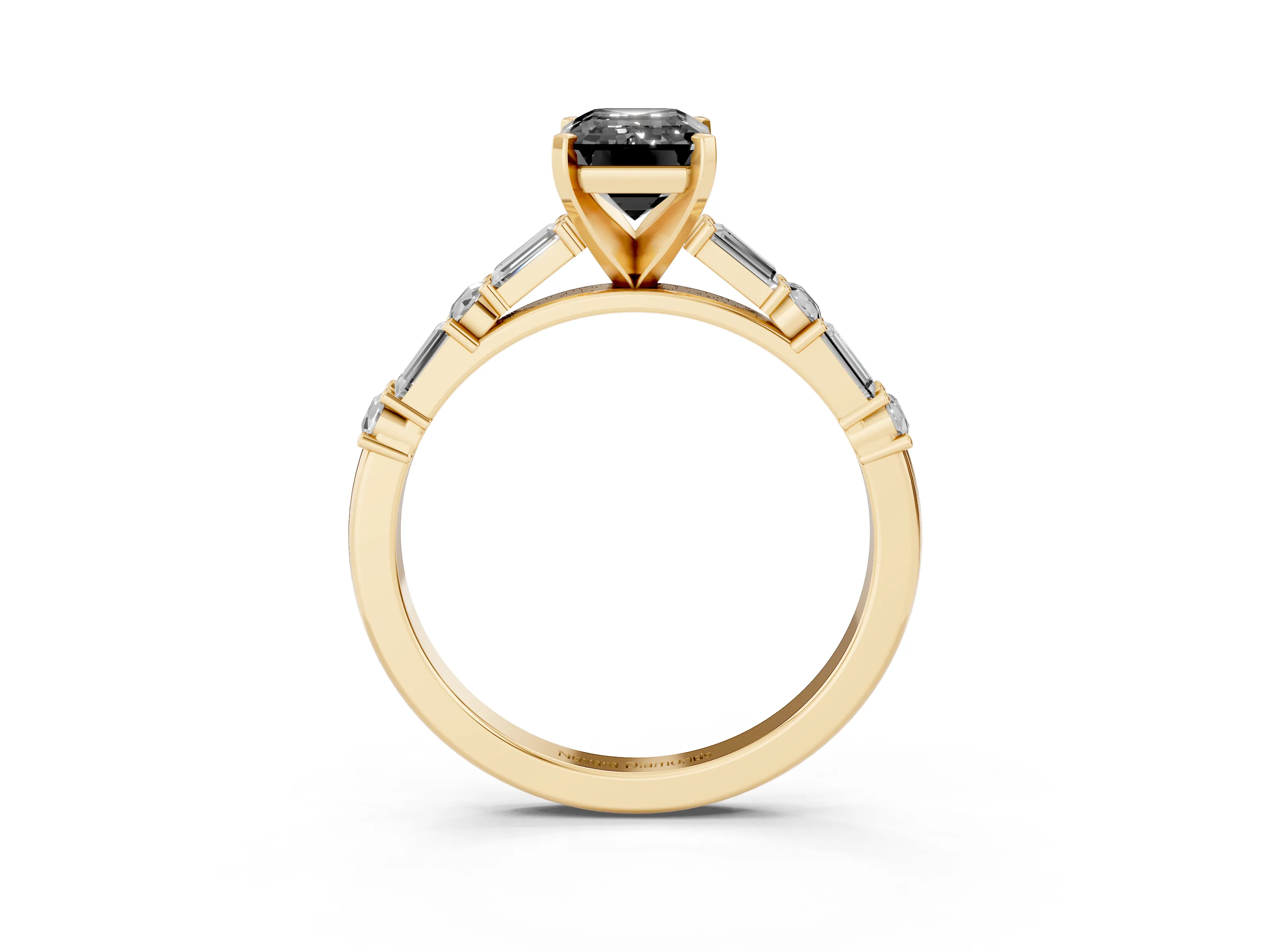 Fancy Black Emerald Cut Diamond Solitaire Set in Yellow gold with Side Baguettes and Channel Set Band