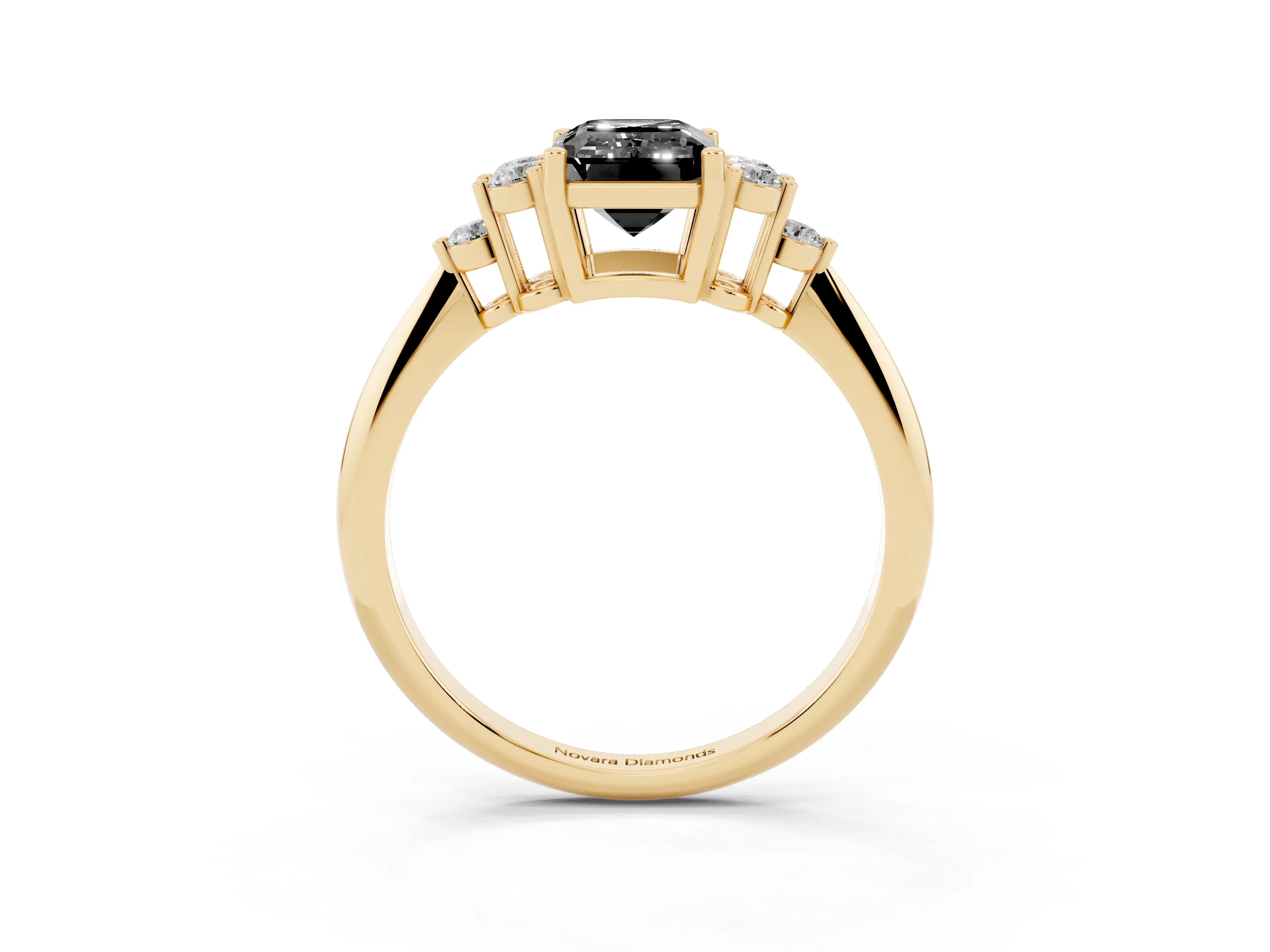 Fancy Black Emerald Cut Diamond Cluster Ring Set in Yellow gold with Plain Band and Prong Setting