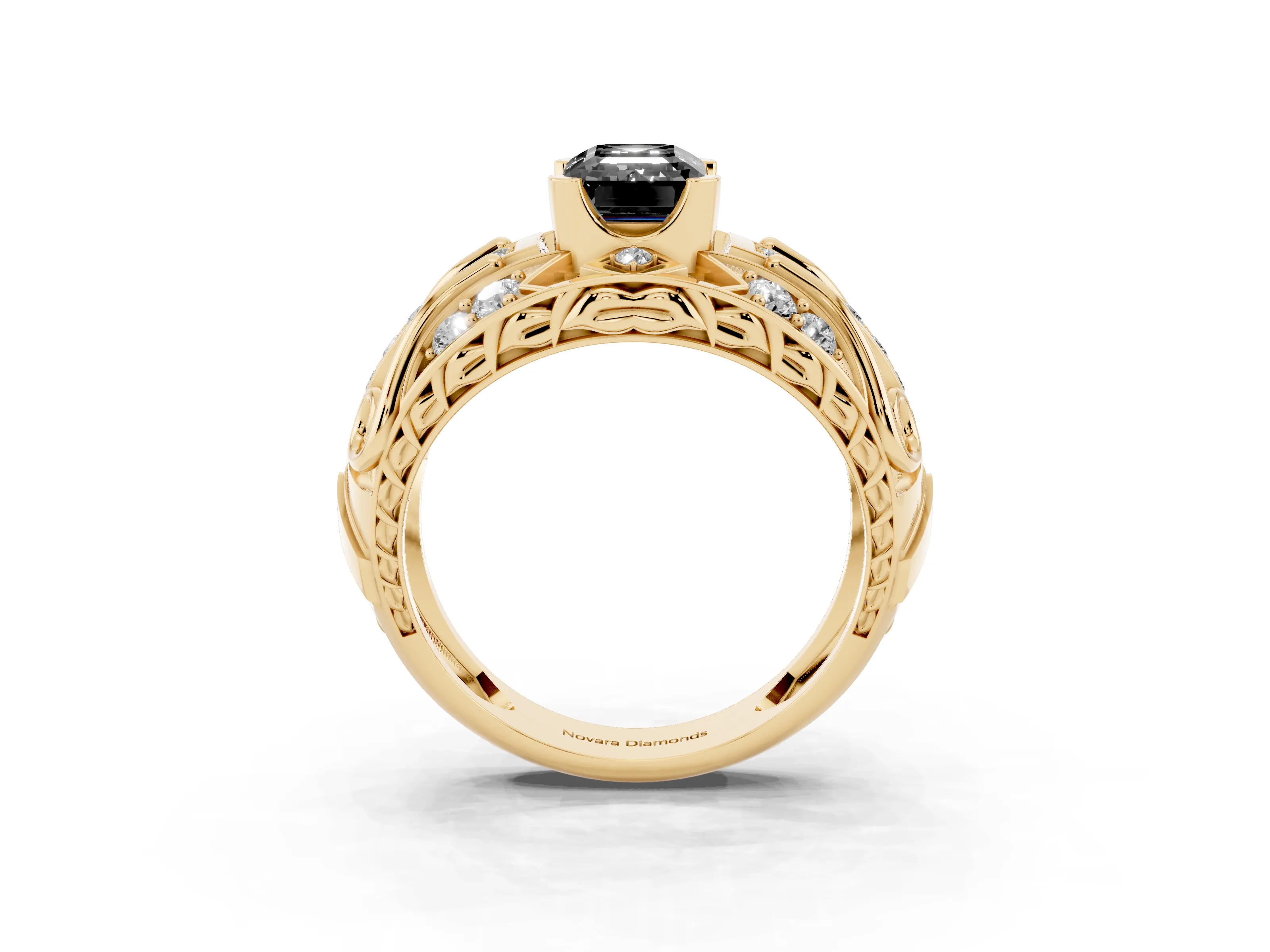 Fancy Black Emerald Cut Diamond Art Deco Ring Set in Yellow gold with Pavé Split Shank