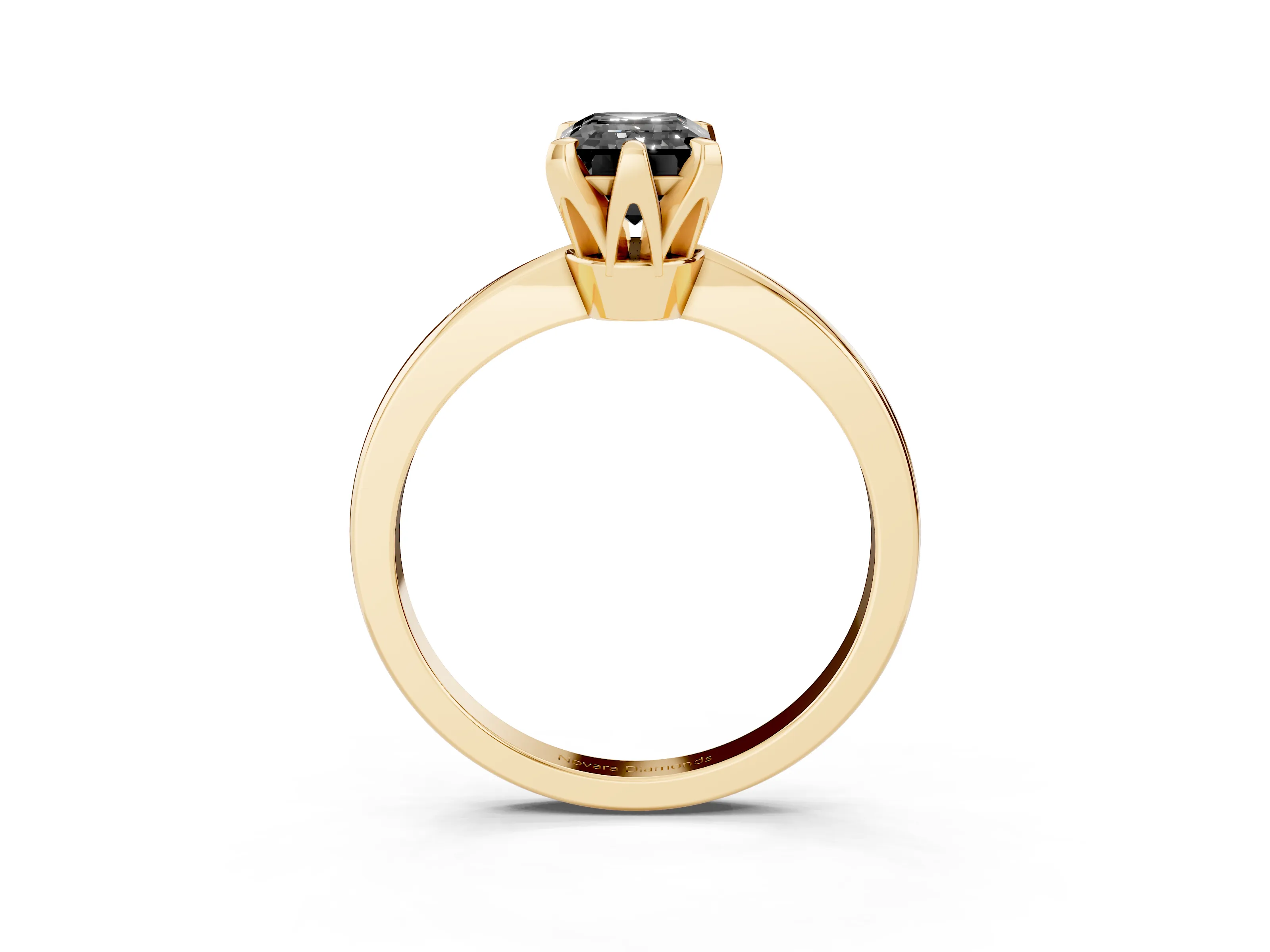 Fancy Black Emerald Cut Diamond Solitaire Engagement Ring Set in Yellow gold with Slim Tapered Solitaire Band