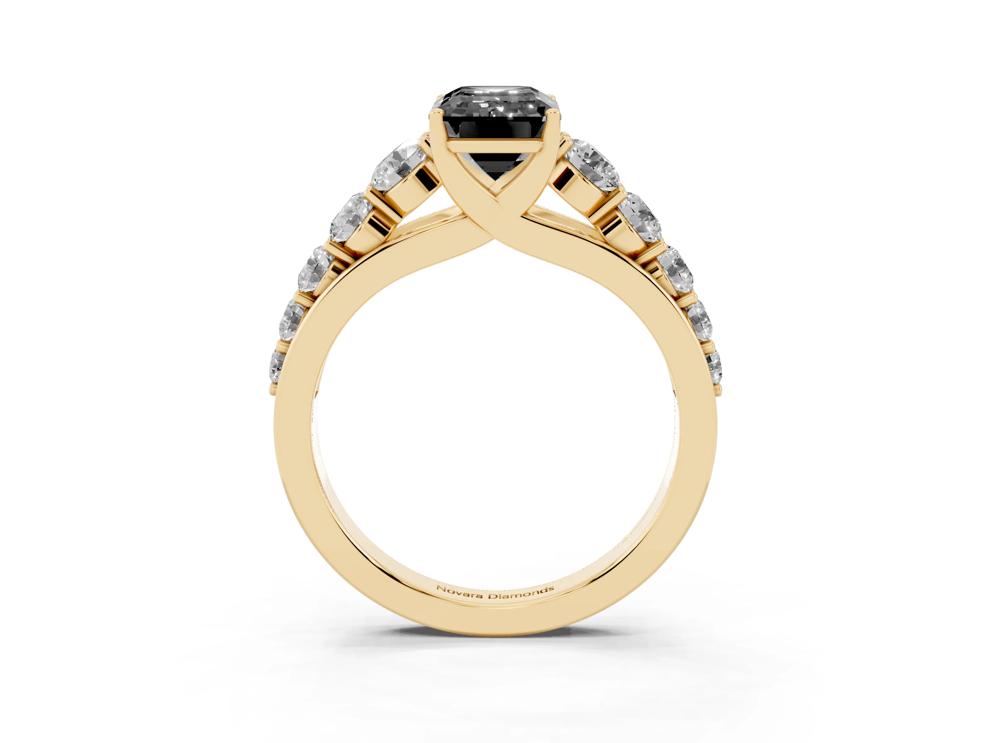Fancy Black Emerald Cut Diamond Solitaire Ring Set in Yellow gold with Pavé-Set Band and Prong Setting