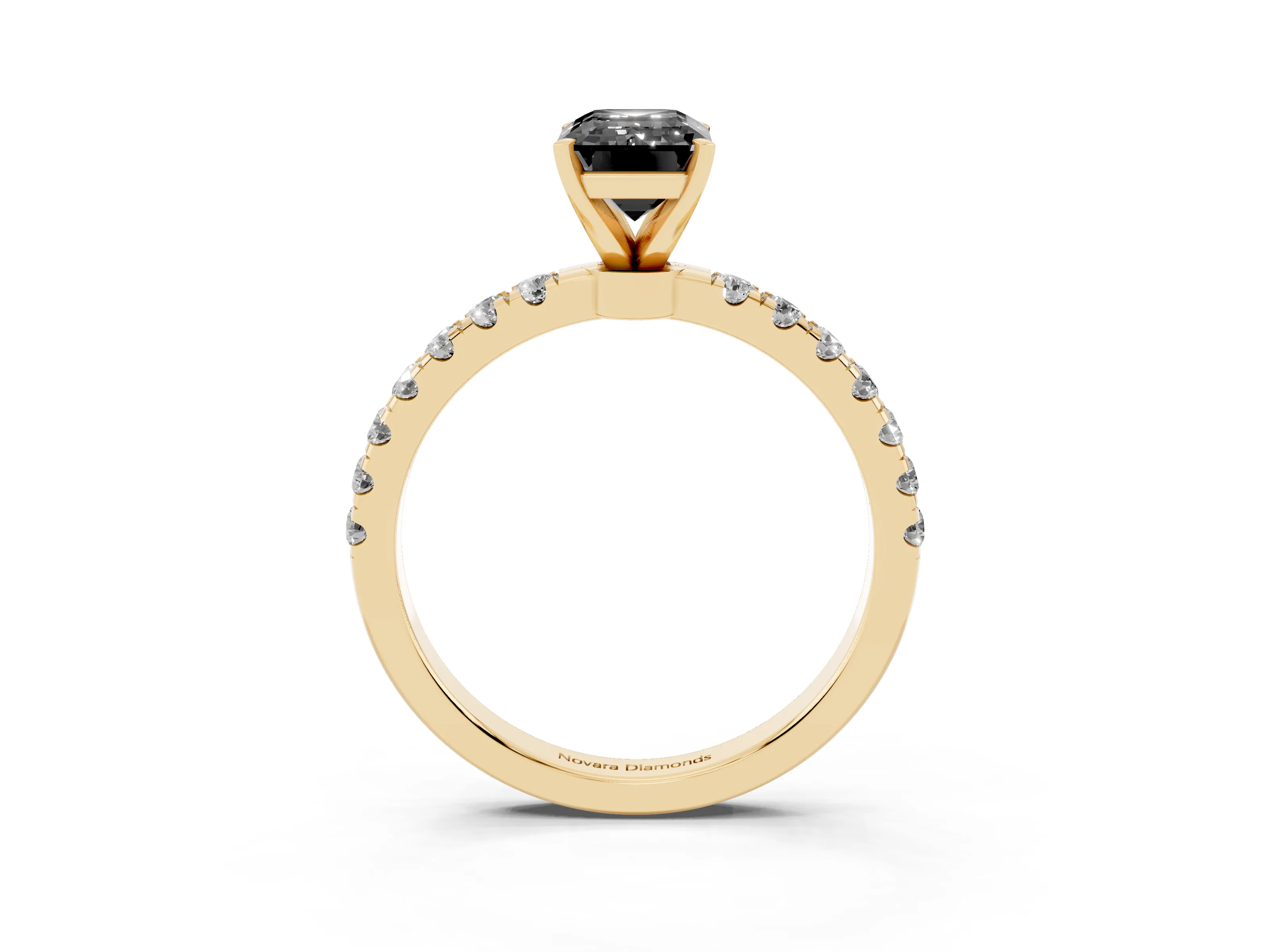 Fancy Black Emerald Cut Diamond Solitaire Ring Set in Yellow gold with Pavé Accents and Prong Setting