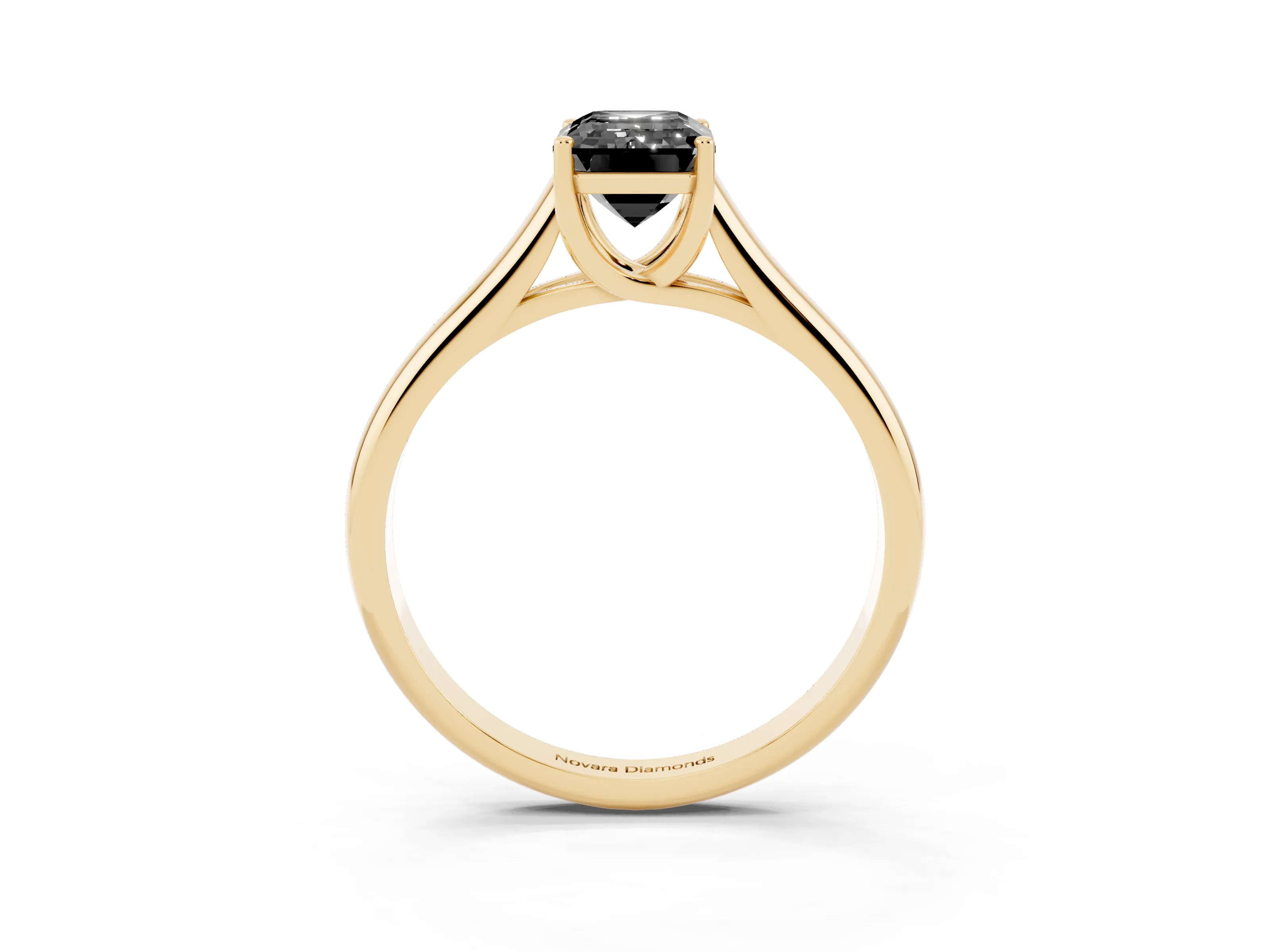 Fancy Black Emerald Cut Diamond Solitaire Engagement Ring Set in Yellow gold with Subtly Tapered Band and Prong Setting