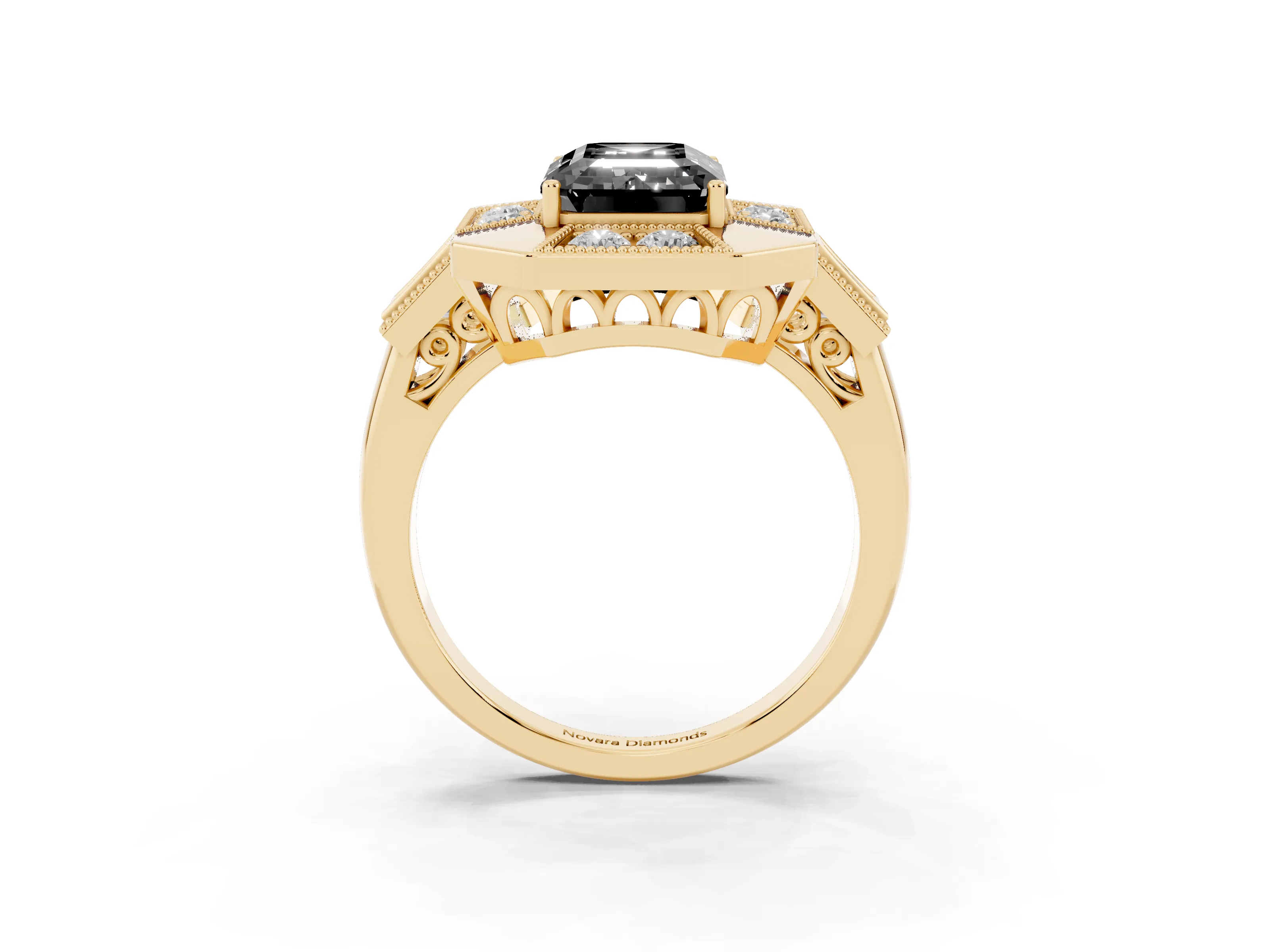 Fancy Black Emerald Cut Diamond Milgrain Halo Ring Set in Yellow gold with Split Shank