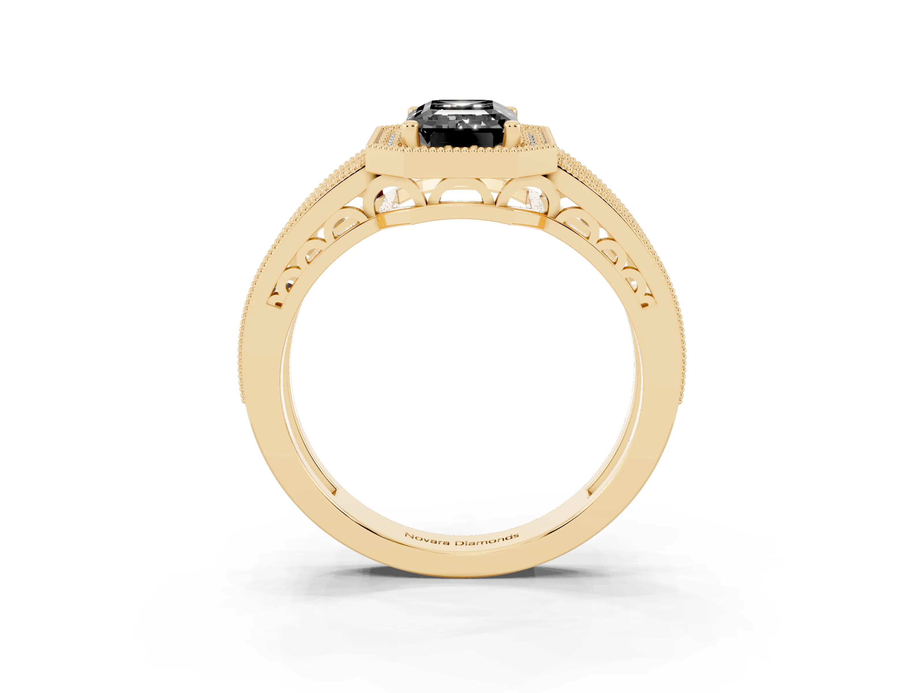 Fancy Black Emerald Cut Diamond Halo Ring Set in Yellow gold with Accent Split Shank and Prong Setting