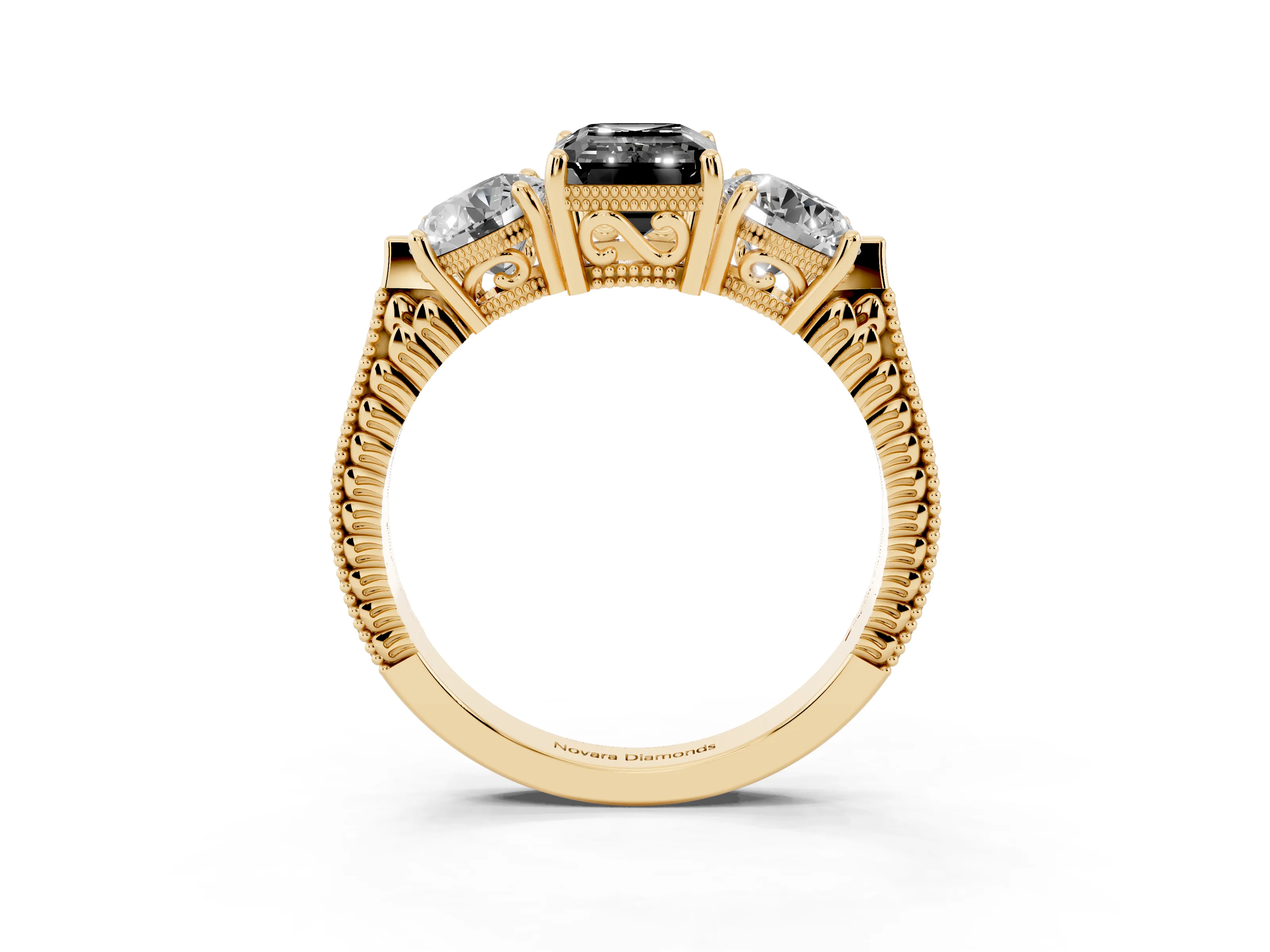 Fancy Black Emerald Cut Diamond Three-Stone Ring Set in Yellow gold with Milgrain Band