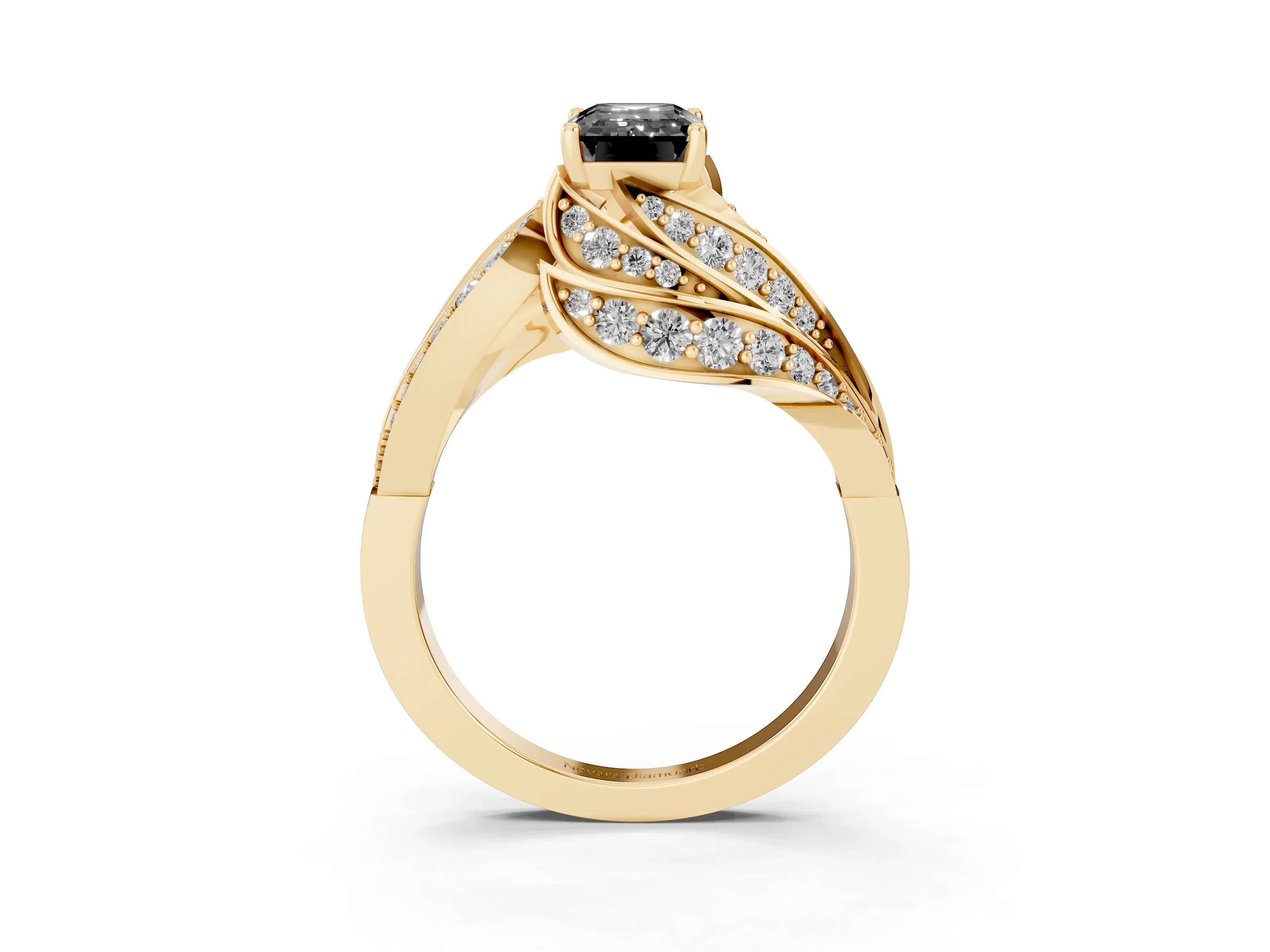 Fancy Black Emerald Cut Diamond Solitaire Ring Set in Yellow gold with Layered Twist Pavé Band