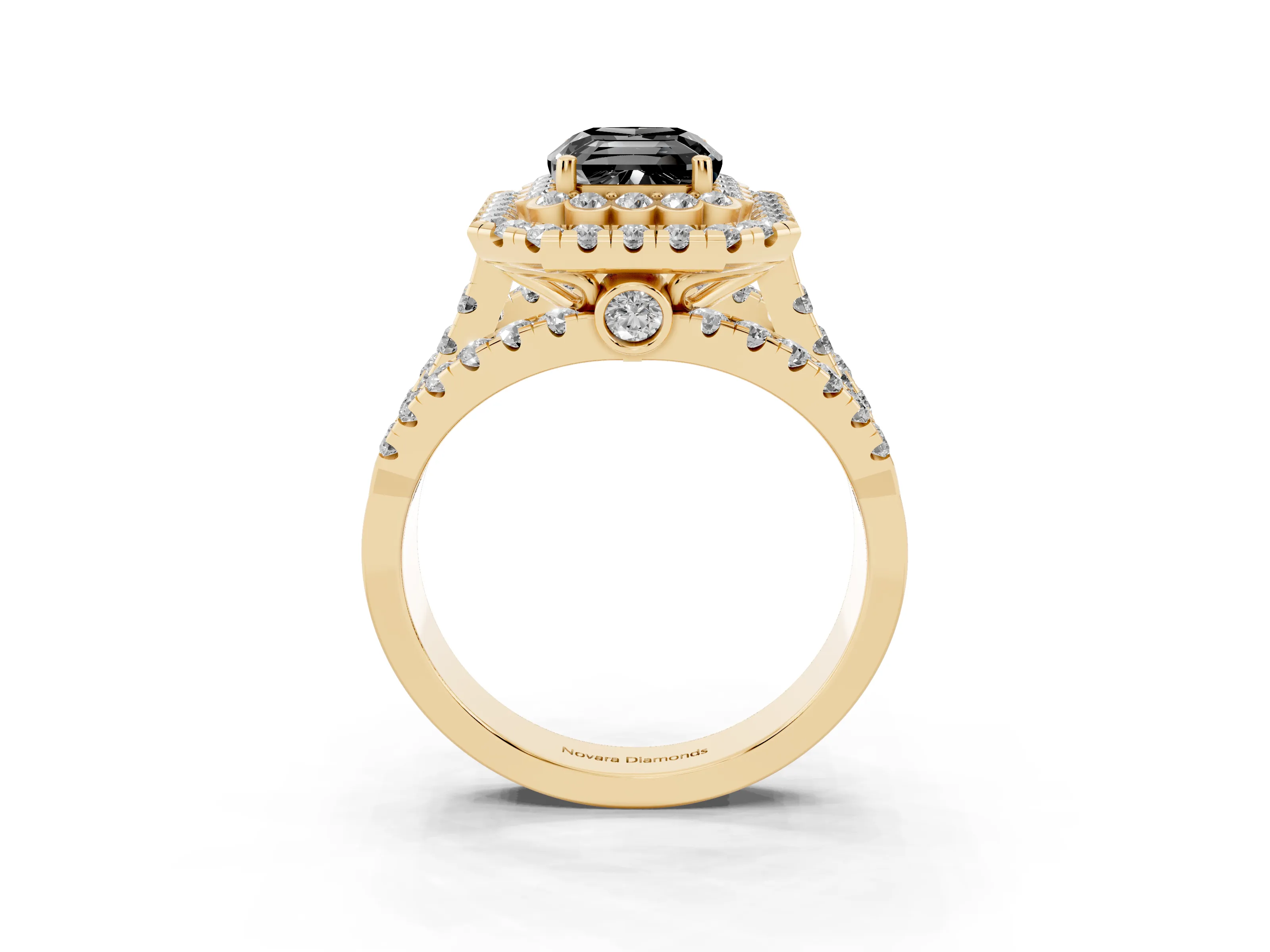 Fancy Black Emerald Cut Diamond Double Halo Ring Set in Yellow gold with Round Pavé Split Shank