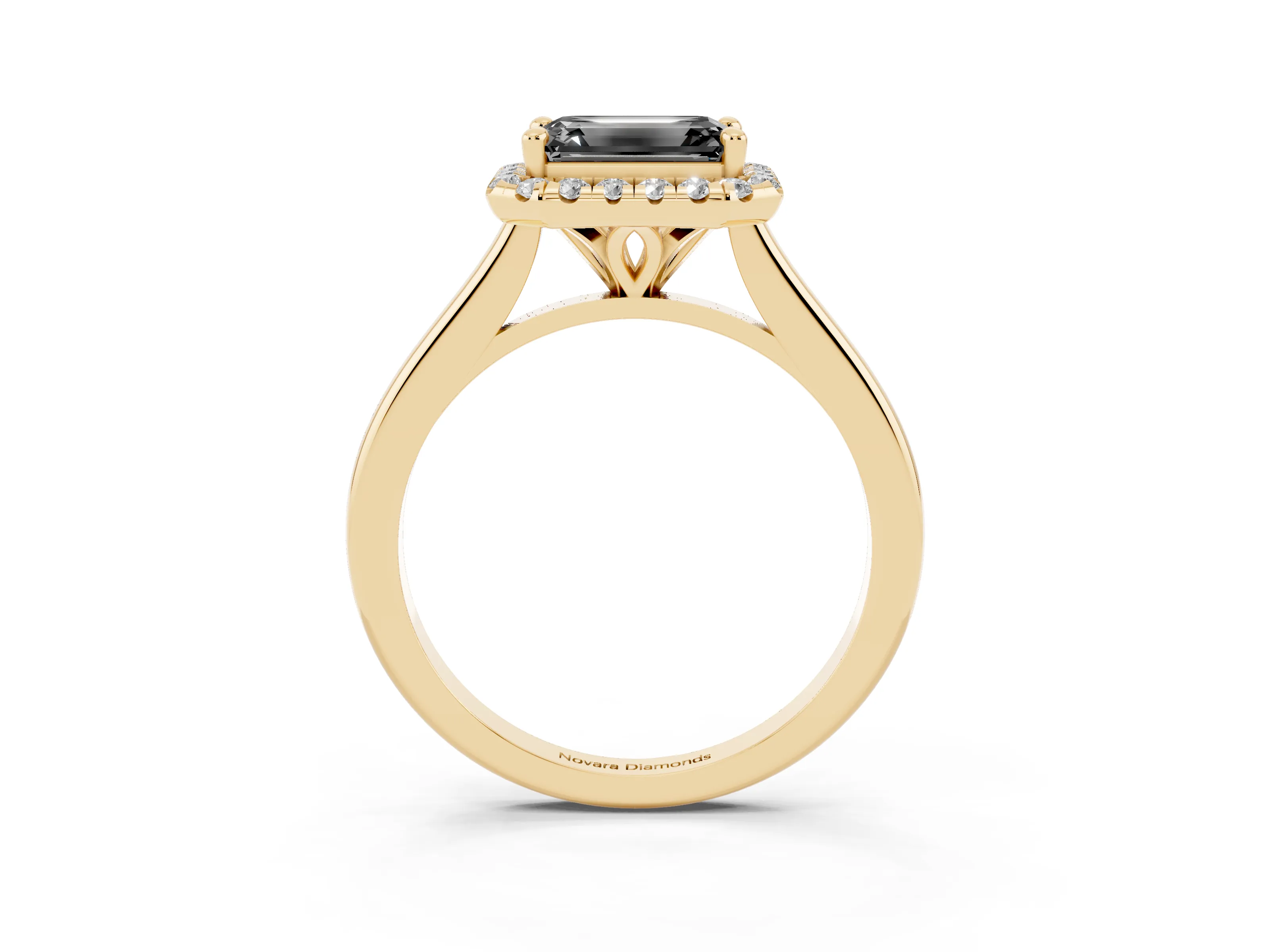 Fancy Black Emerald Cut Diamond Halo Engagement Ring Set in Yellow gold with Pavé Band and Rising Shoulders