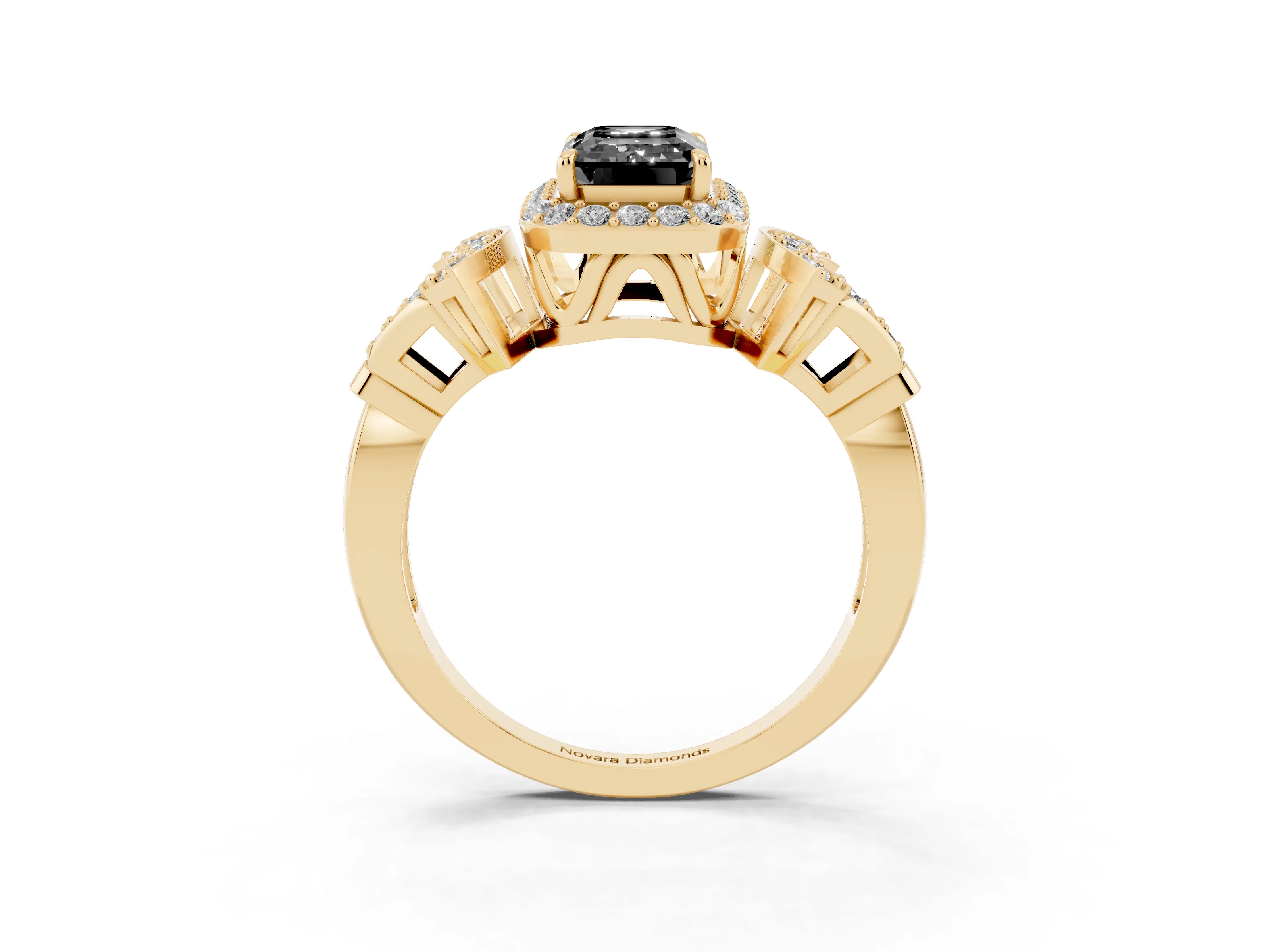 Fancy Black Emerald Cut Diamond Halo Engagement Ring Set in Yellow gold with Accent Stone Split Shank