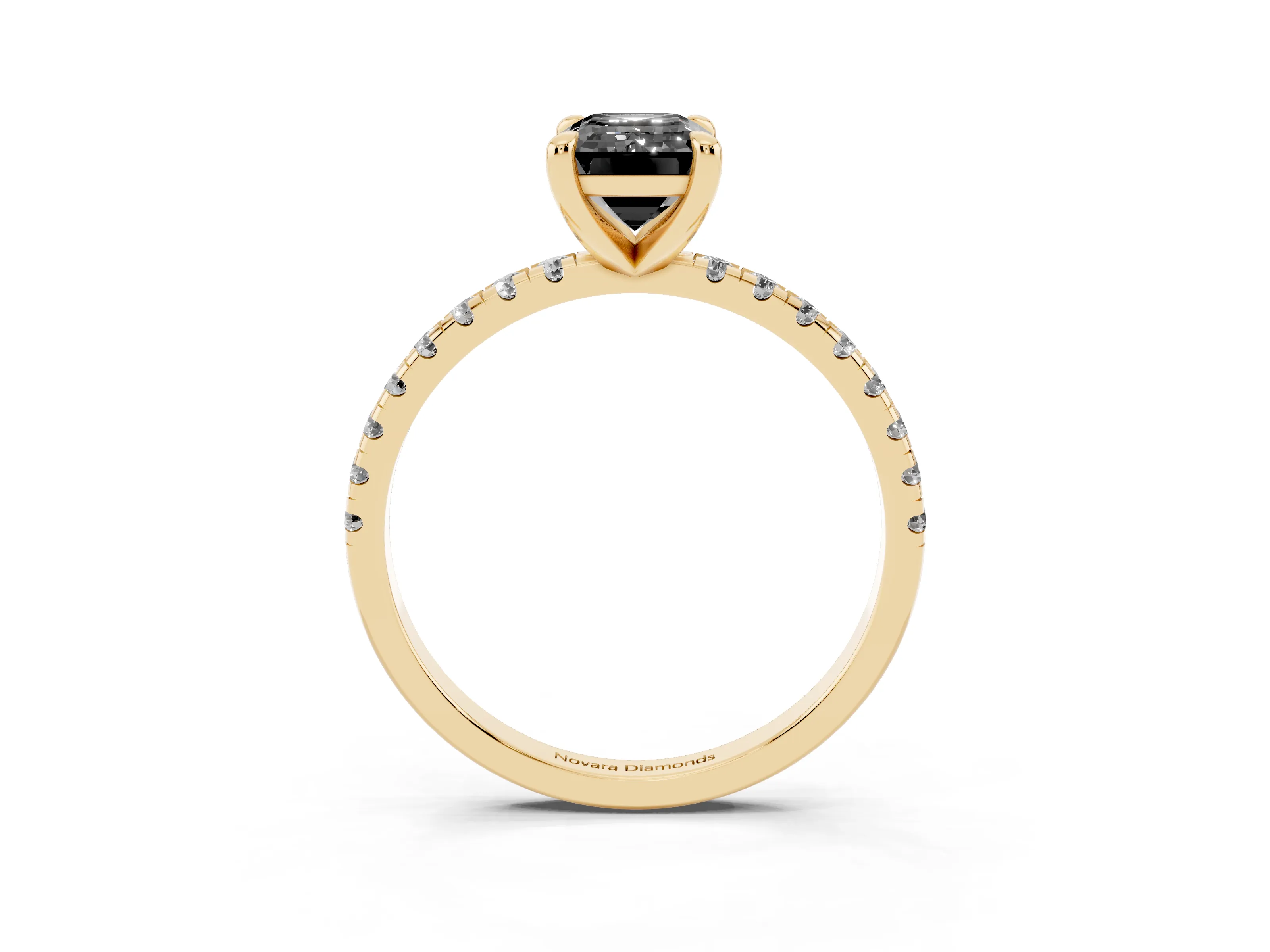 Fancy Black Emerald Cut Diamond Brilliant Solitaire Ring Set in Yellow gold with Pavé Band and Prong Setting