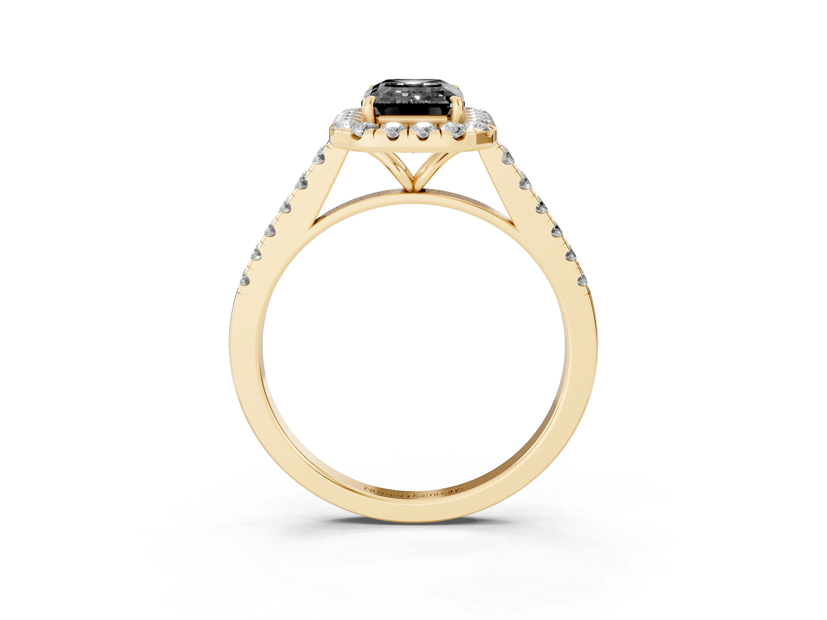Fancy Black Emerald Cut Diamond Halo Pavé Engagement Ring Set in Yellow gold with Prong Setting