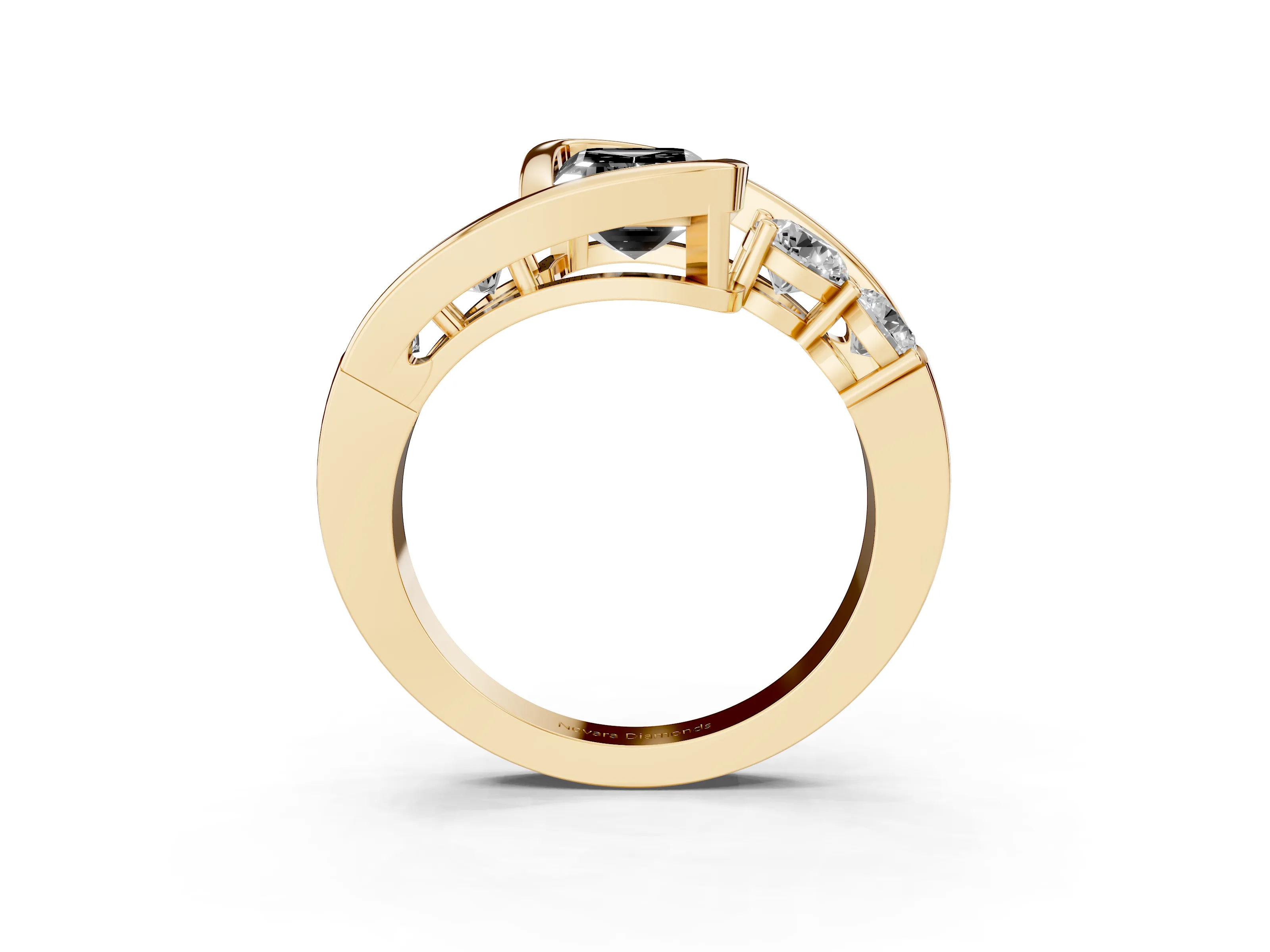 Fancy Black Emerald Cut Diamond Bezel Bypass Ring Set in Yellow gold with Round Accents