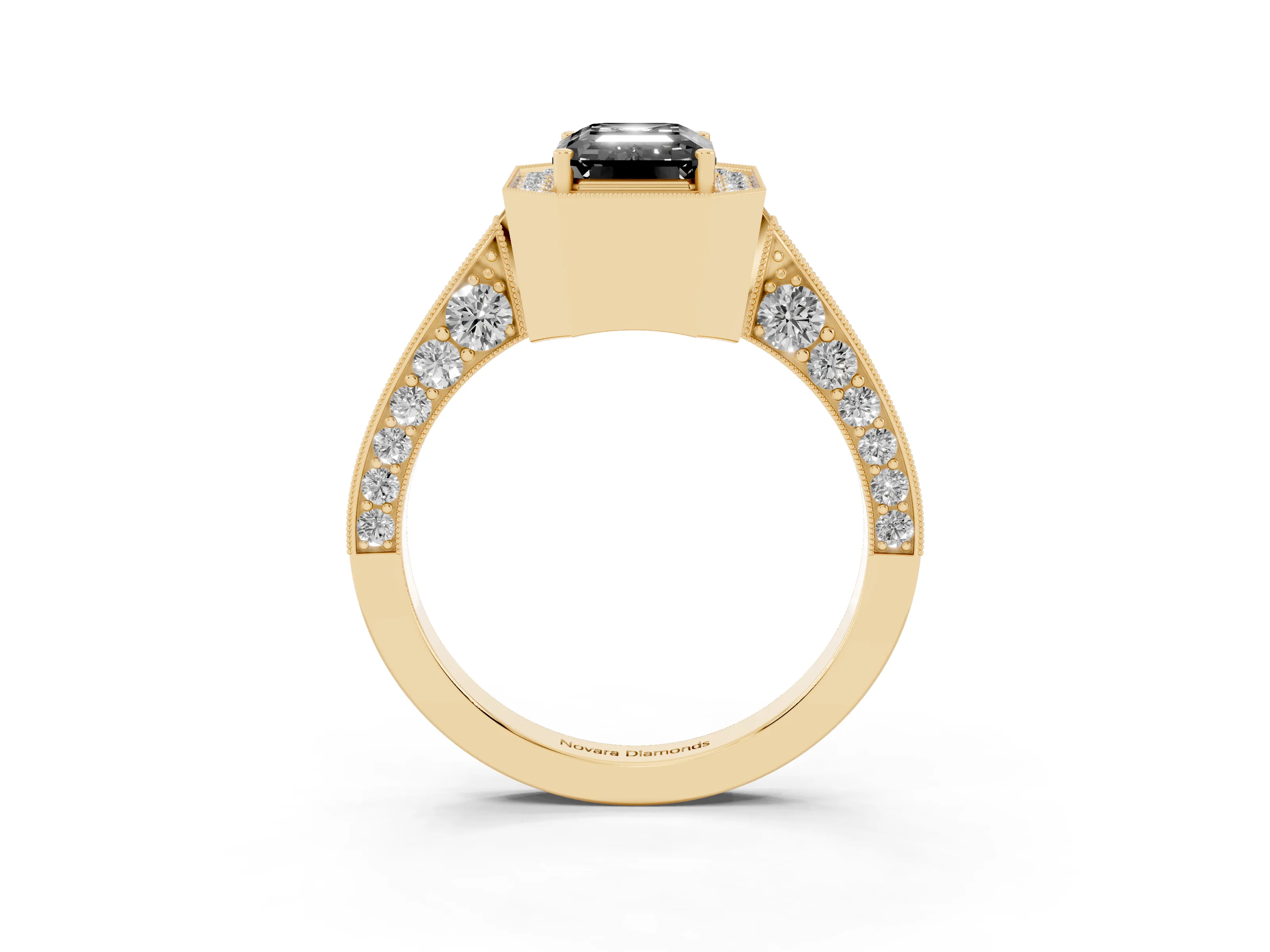 Fancy Black Emerald Cut Diamond Halo Engagement Ring Set in Yellow gold with Accent Split Shank Band
