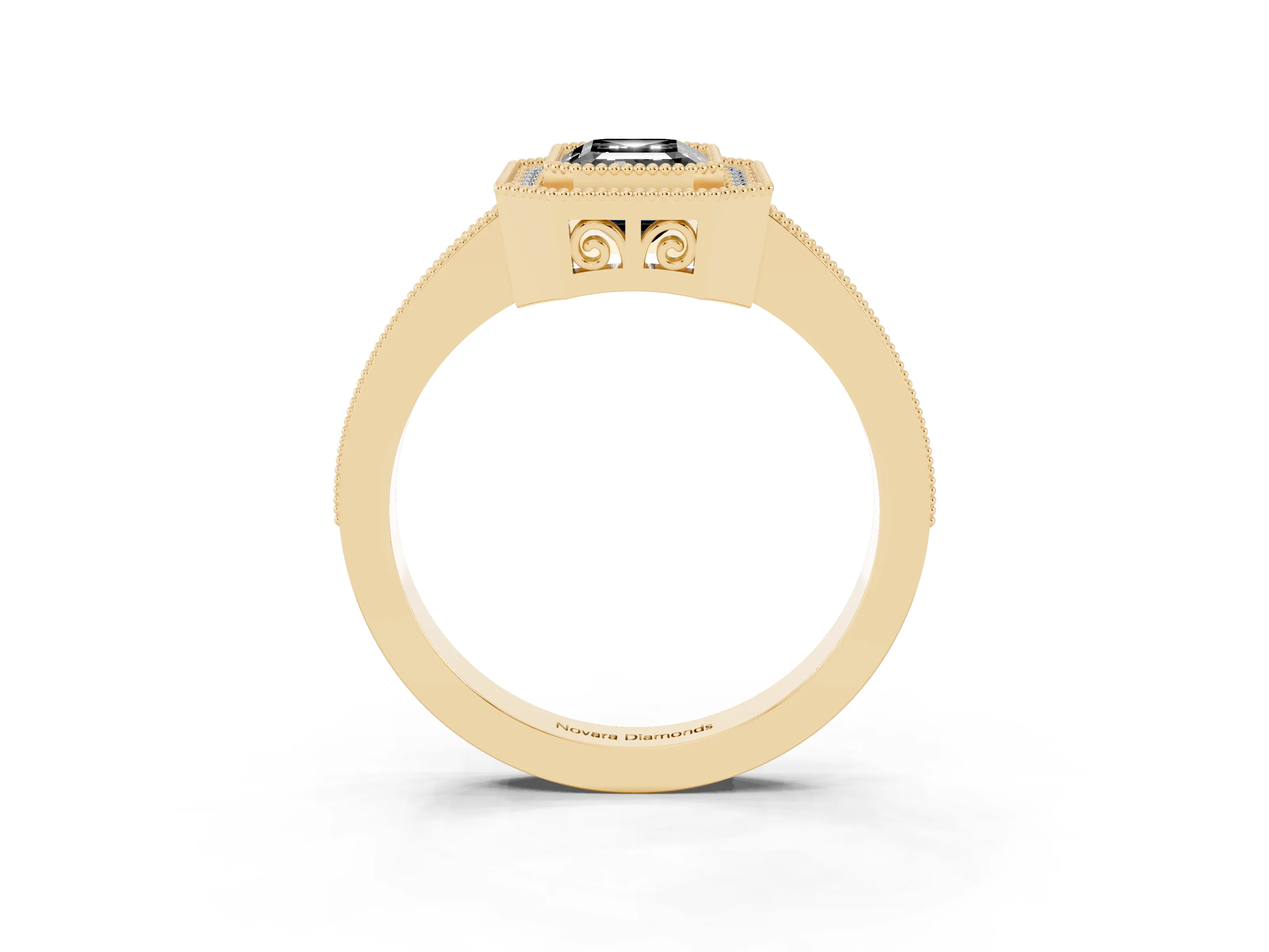 Fancy Black Emerald Cut Diamond Round Halo Ring Set in Yellow gold with Pavé Band