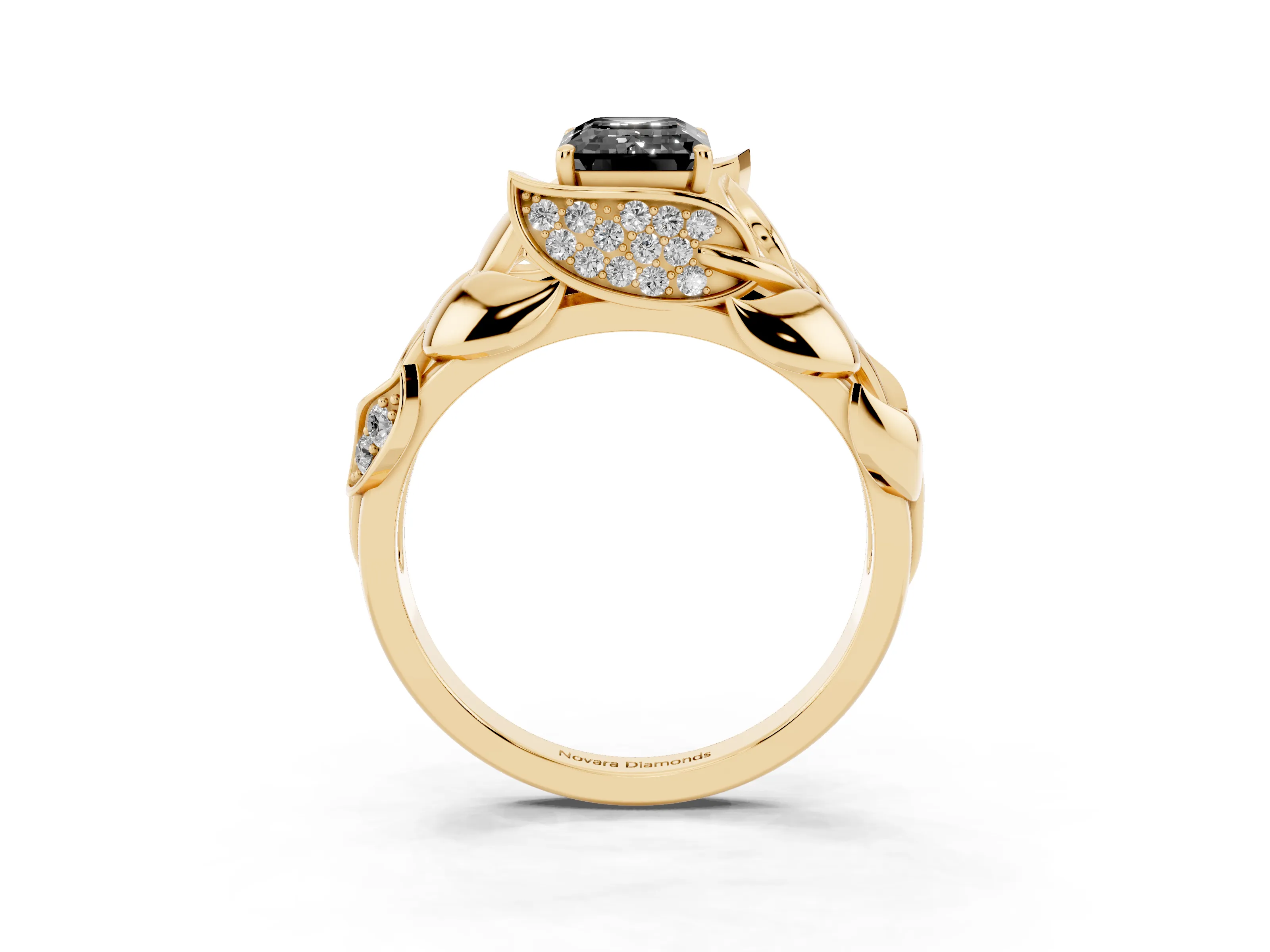 Fancy Black Emerald Cut Diamond Leaf-Inspired Engagement Ring Set in Yellow gold with Round Accents