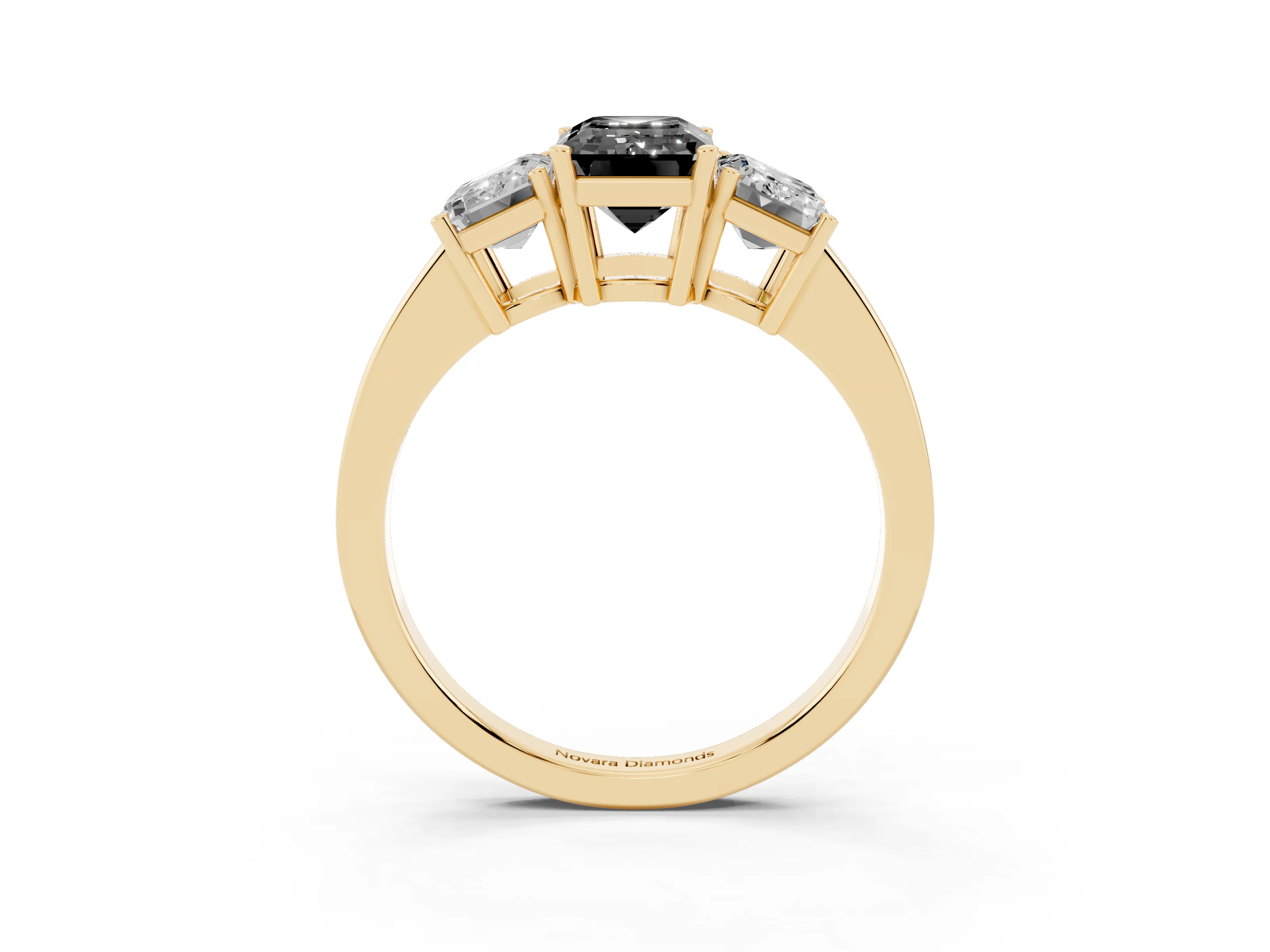 Fancy Black Emerald Cut Diamond Three-Stone Engagement Ring Set in Yellow gold with Flat Band