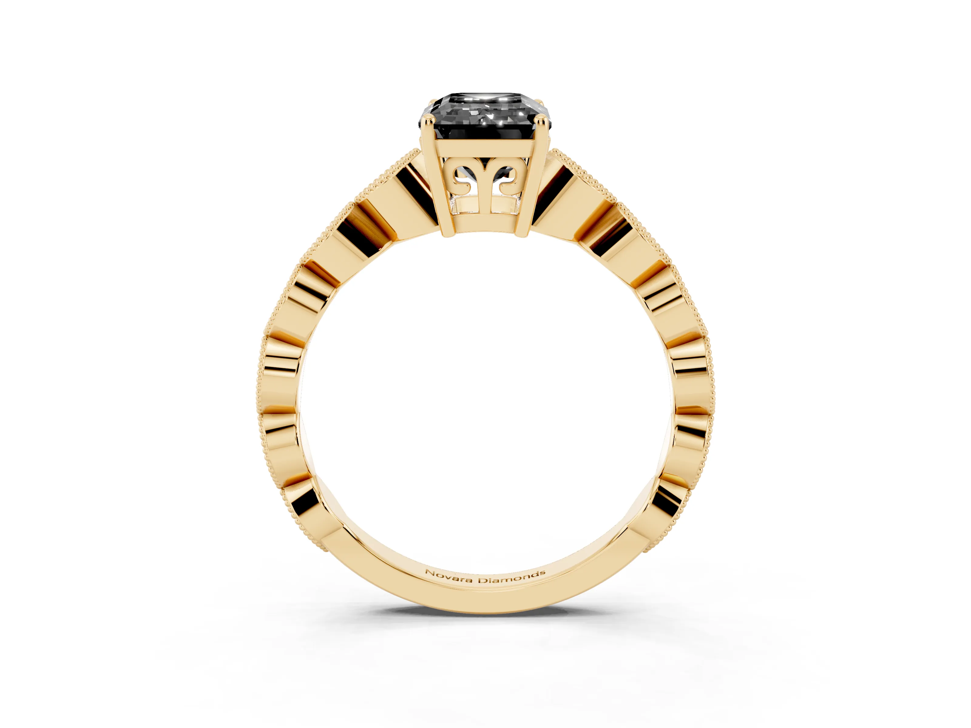 Fancy Black Emerald Cut Diamond Solitaire Ring Set in Yellow gold with Infinity Twist Pavé Band