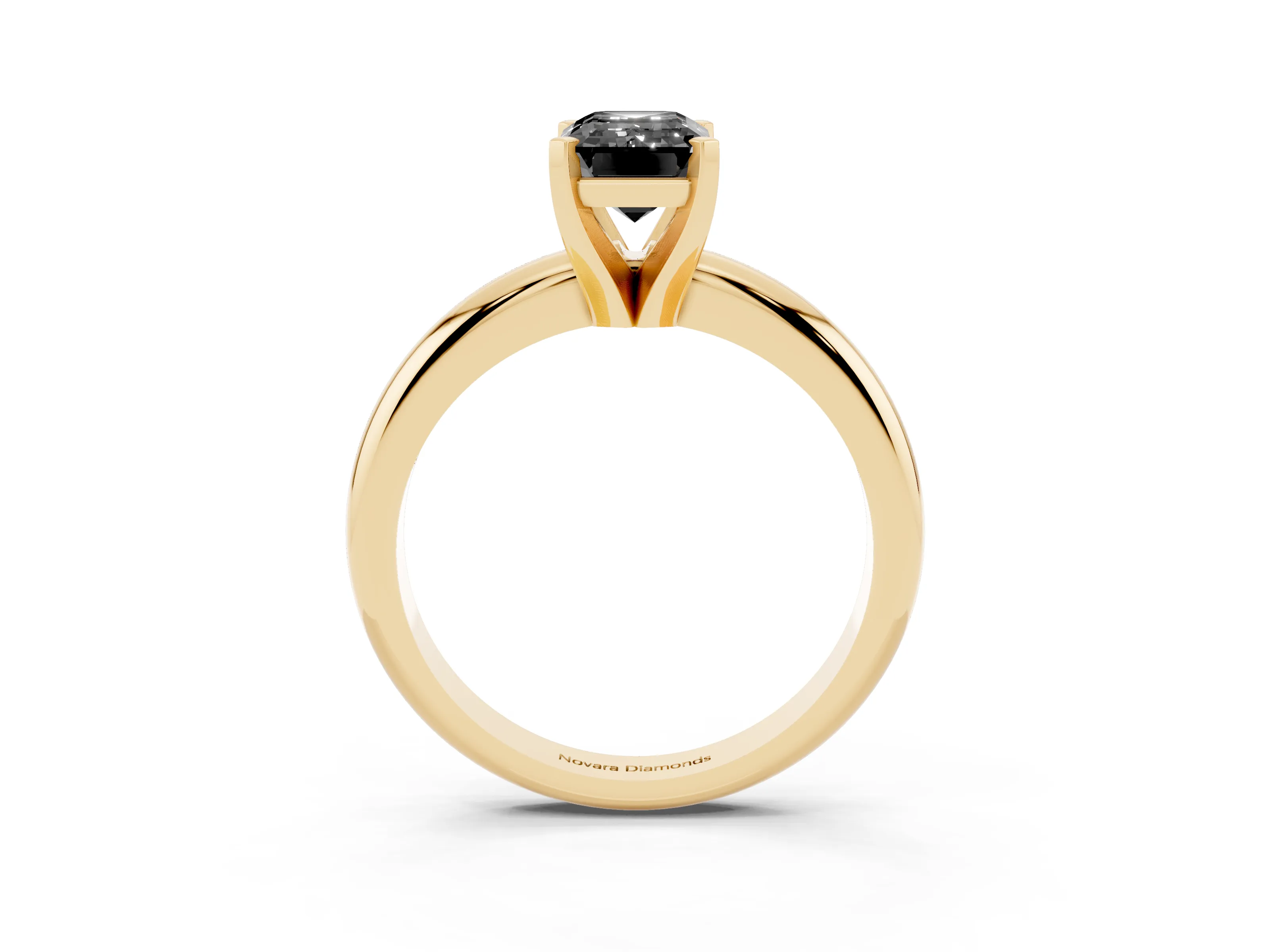 Fancy Black Emerald Cut Diamond Solitaire Engagement Ring Set in Yellow gold with Round Band and Prong Setting