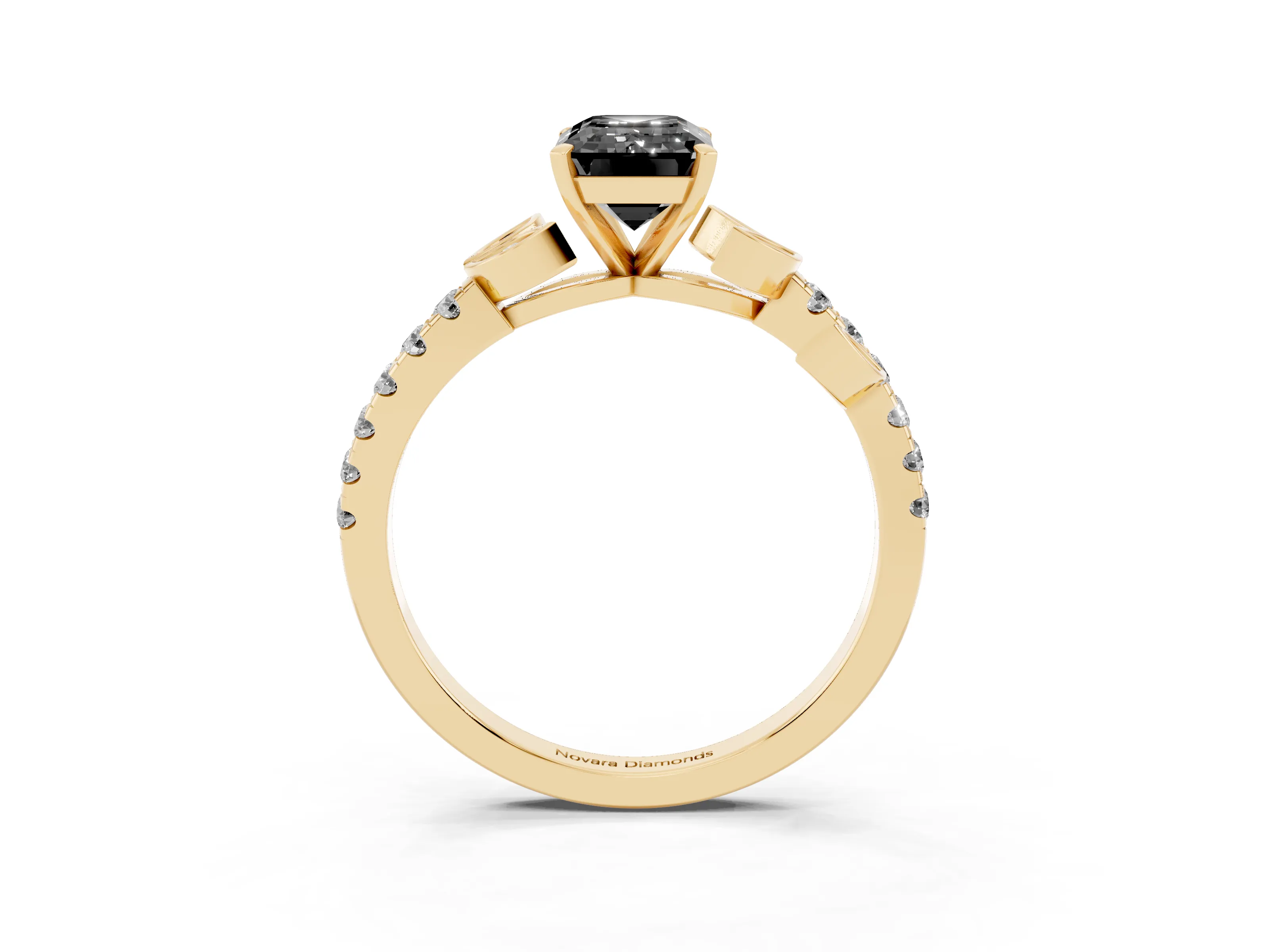 Fancy Black Emerald Cut Diamond Solitaire Leaf-Inspired Ring Set in Yellow gold with Pavé Band and Prong Setting