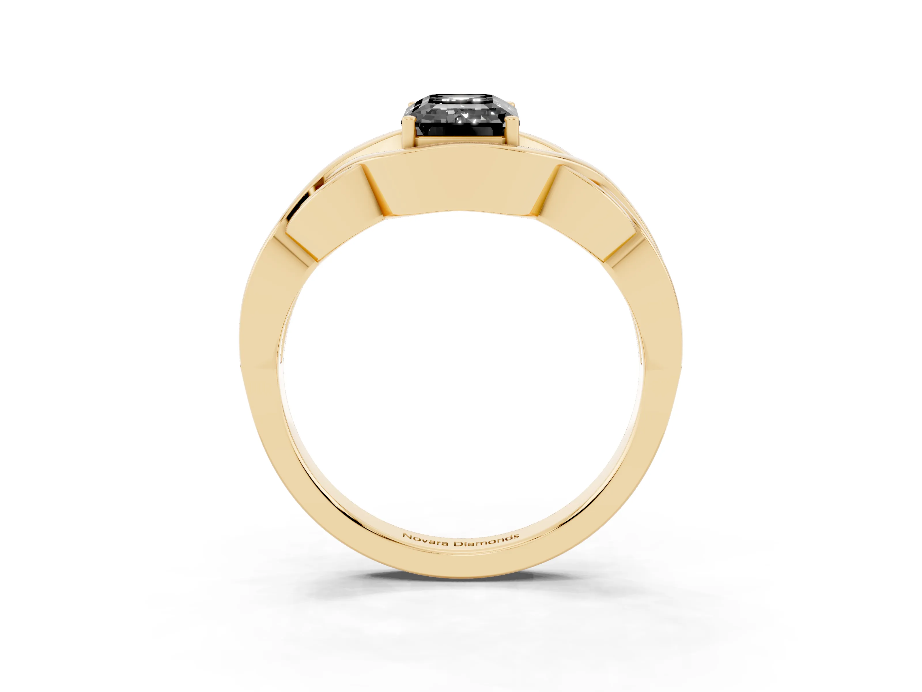 Fancy Black Emerald Cut Diamond Solitaire Ring Set in Yellow gold with Intertwined Band