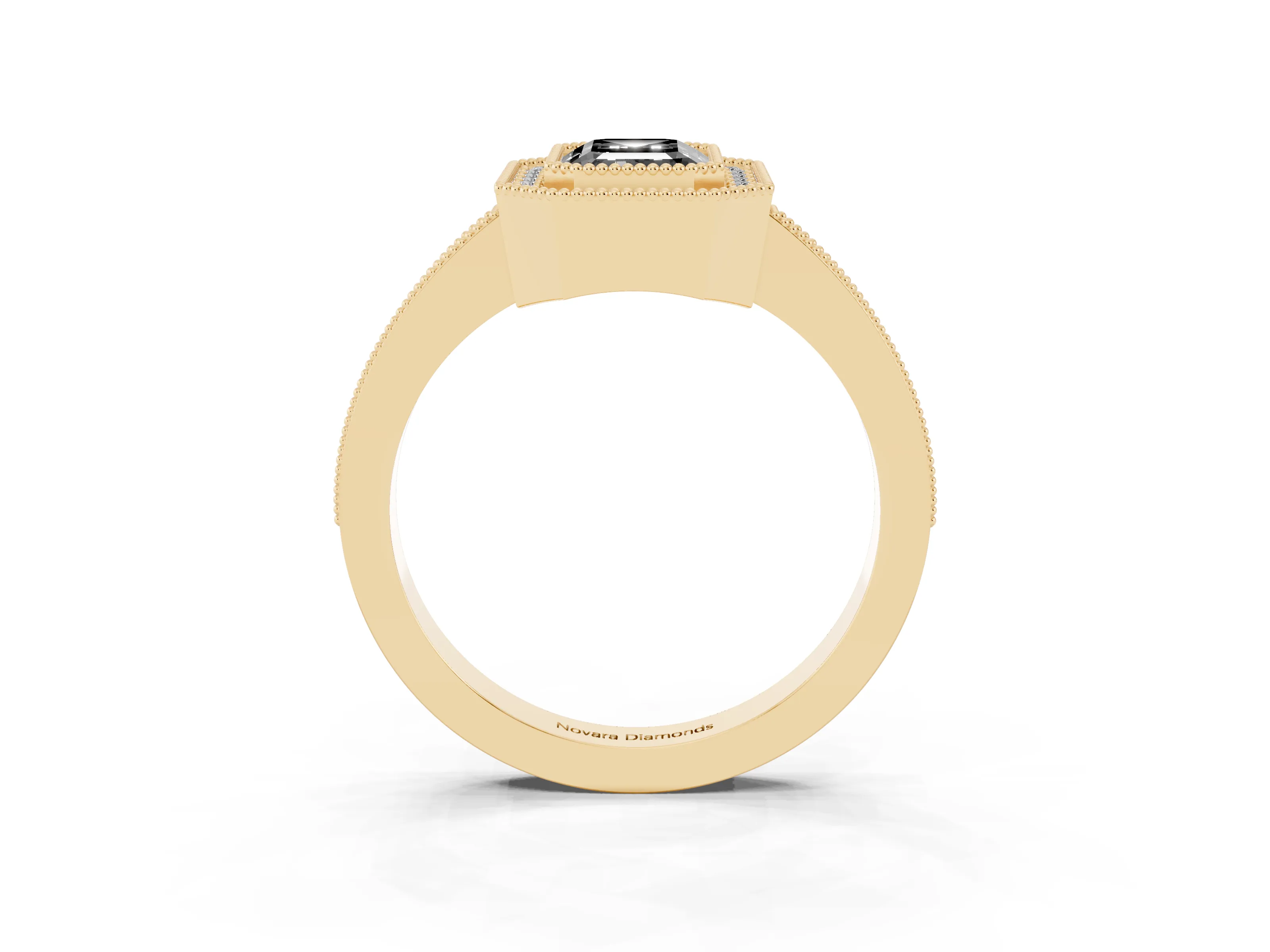Fancy Black Emerald Cut Diamond Halo Engagement Ring Set in Yellow gold with Pavé Band and Round Halo Stones