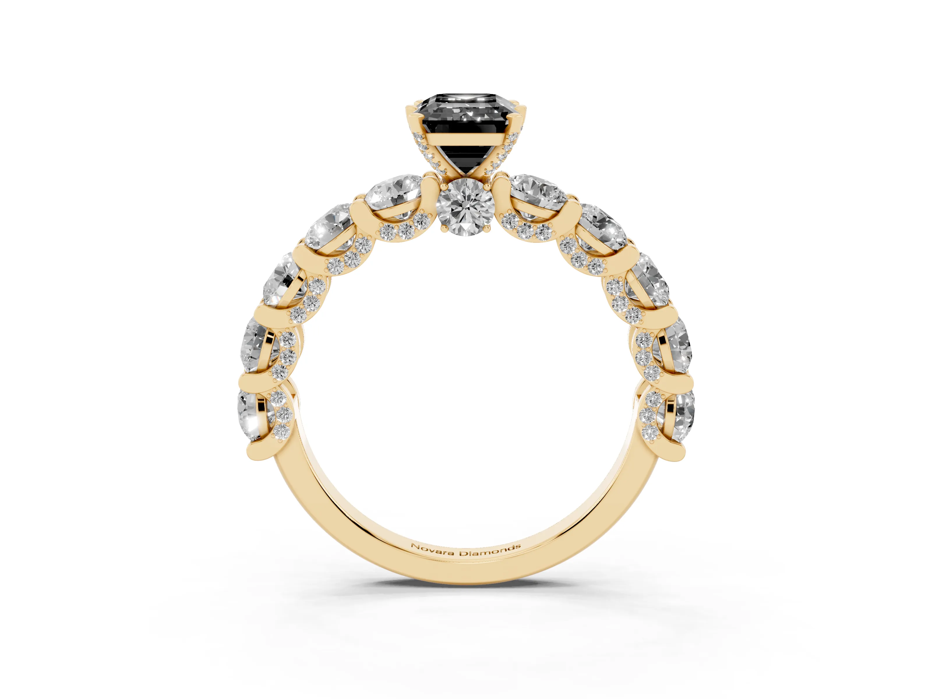 Fancy Black Emerald Cut Diamond Side Stone Ring Set in Yellow gold with Alternating Round and Oval Side Stones